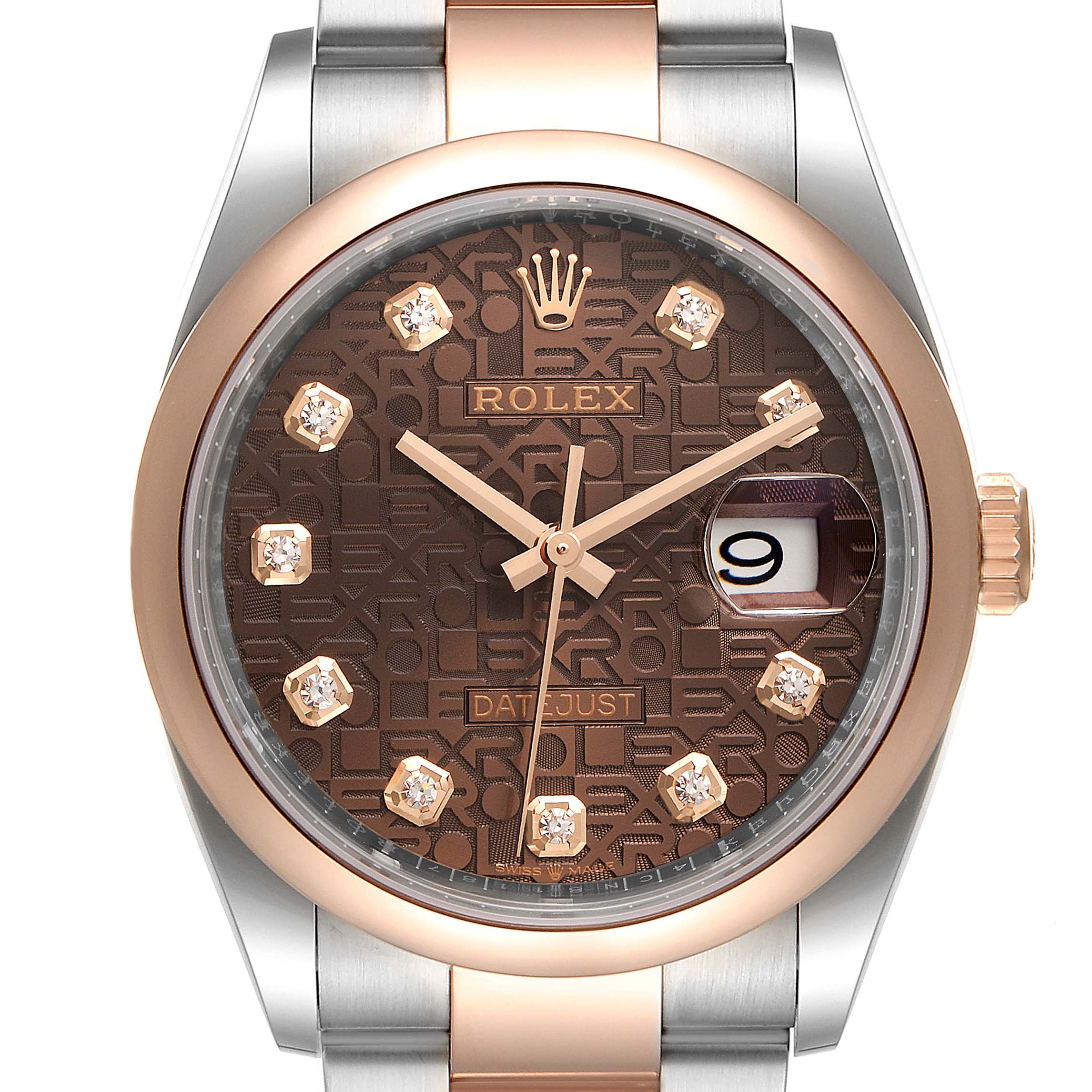 The image shows a front view of a Rolex Datejust 126201 Men's Steel and Gold (two tone) Brown Dial 126201 Men's Steel and Gold (two tone) Brown Dial watch, highlighting its brown dial, date window, and two-tone metal bracelet.