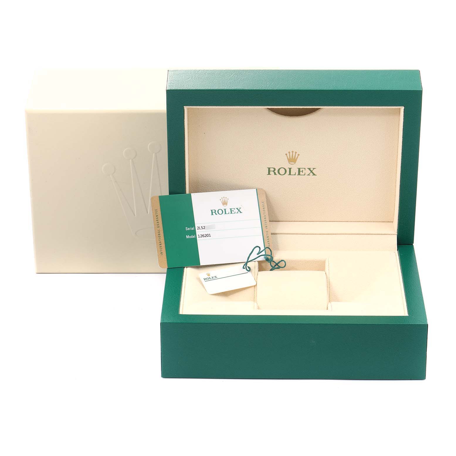 The image shows the open box, certificate, and accessories of a Rolex Datejust 126201 Men's Steel and Gold (two tone) Brown Dial 126201 Men's Steel and Gold (two tone) Brown Dial watch viewed from the front.