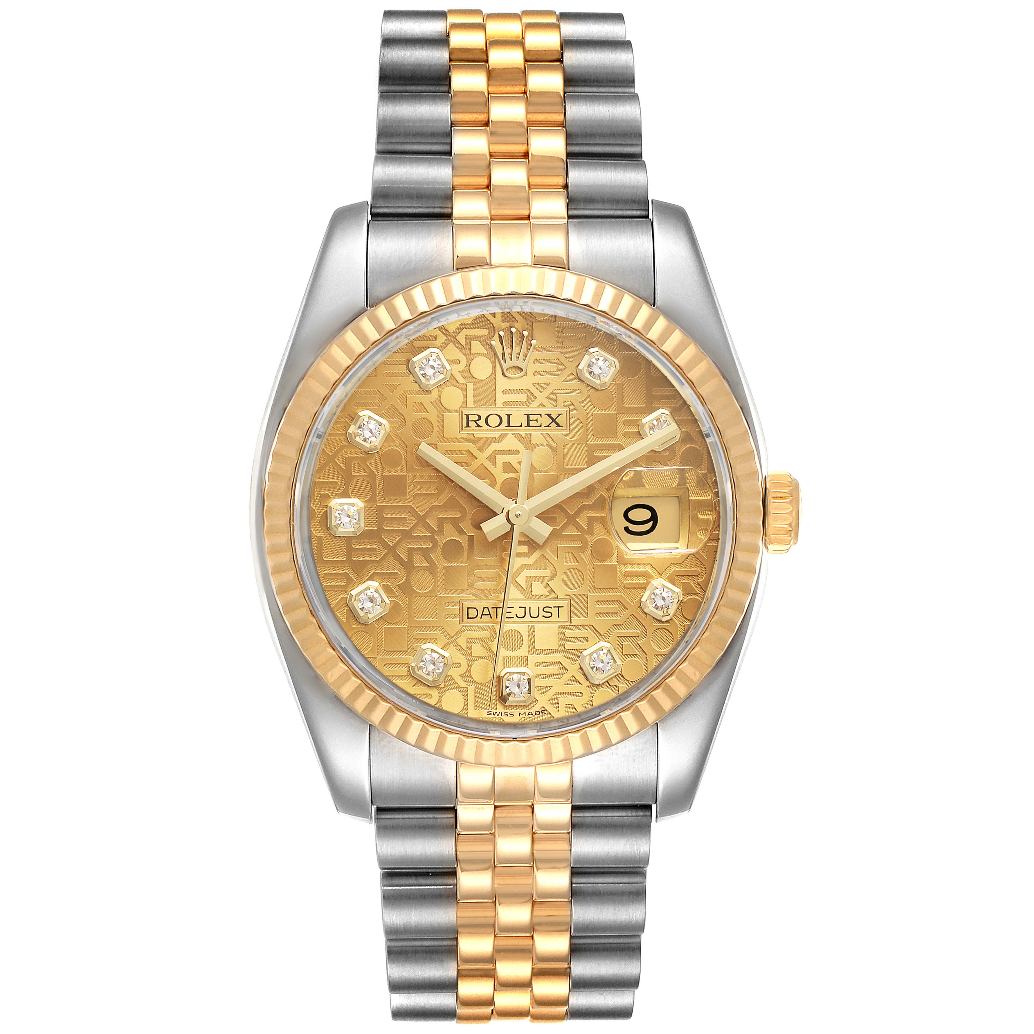 The image shows a front view of a Rolex Datejust 116233 Men's Steel and Gold (two tone) Champagne Dial 116233 Men's Steel and Gold (two tone) Champagne Dial watch, featuring a gold face, diamond hour markers, and a two-tone metal bracelet.