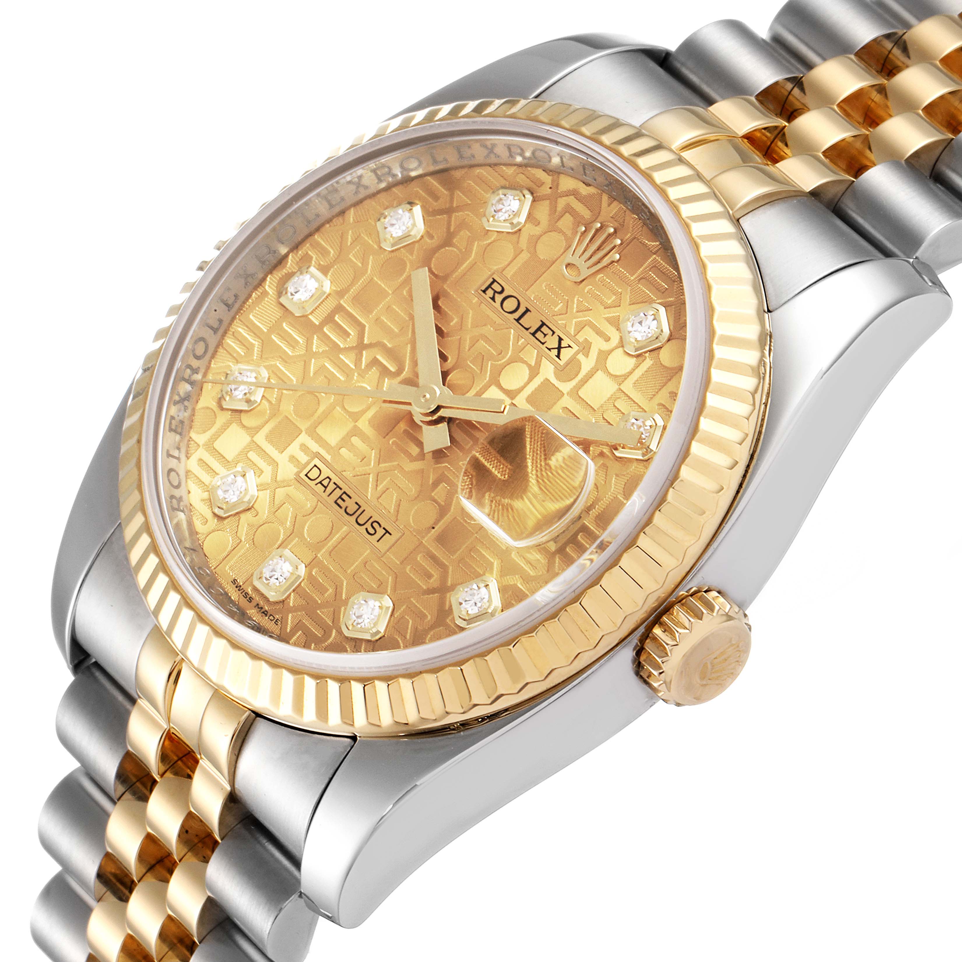 The Rolex Datejust 116233 Men's Steel and Gold (two tone) Champagne Dial 116233 Men's Steel and Gold (two tone) Champagne Dial watch is shown at a slight angle, highlighting the bezel, dial, and part of the bracelet.