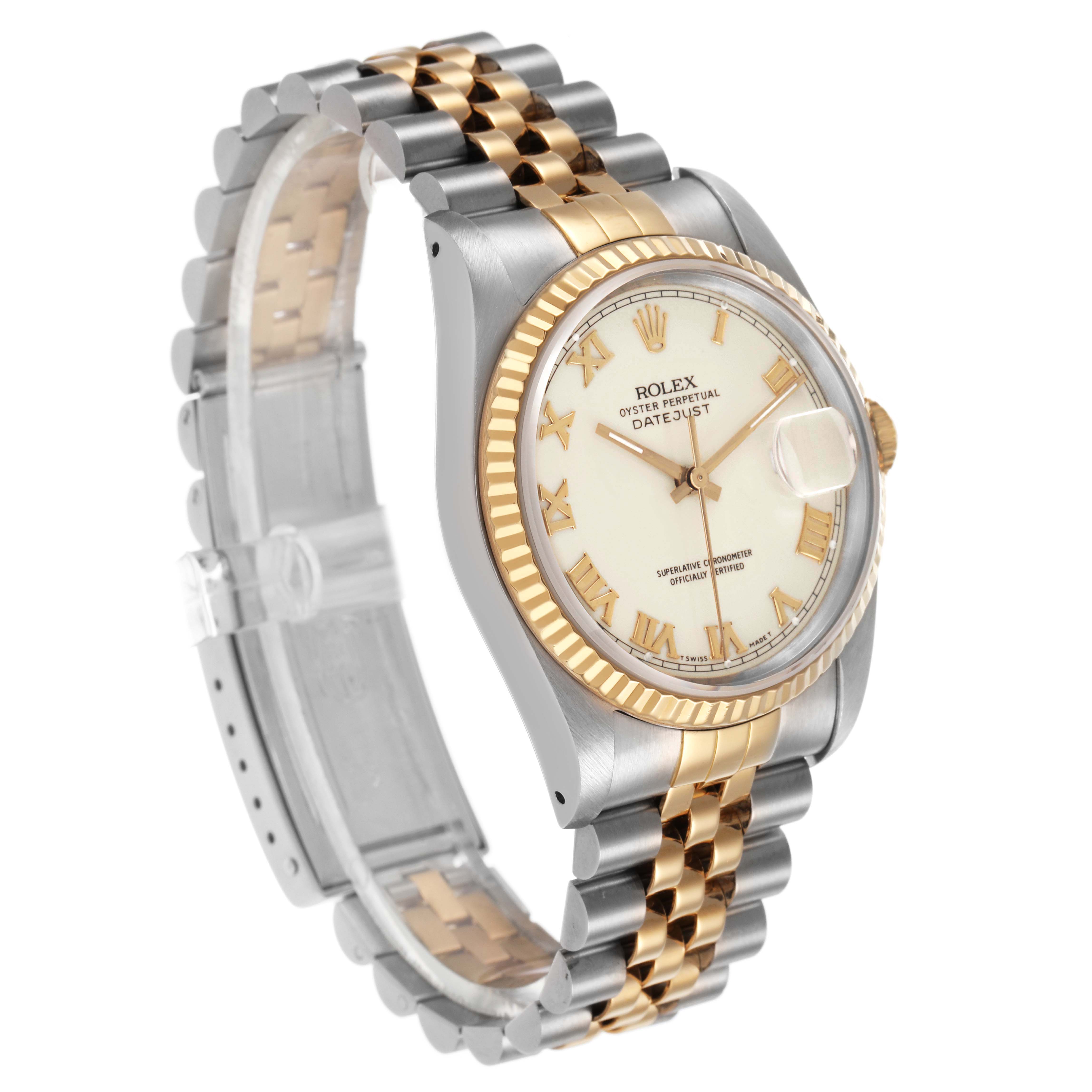 The Rolex Datejust 16233 Men's Steel and Gold (two tone) White Dial is shown at a three-quarter angle, highlighting the face, fluted bezel, case, and two-tone bracelet.