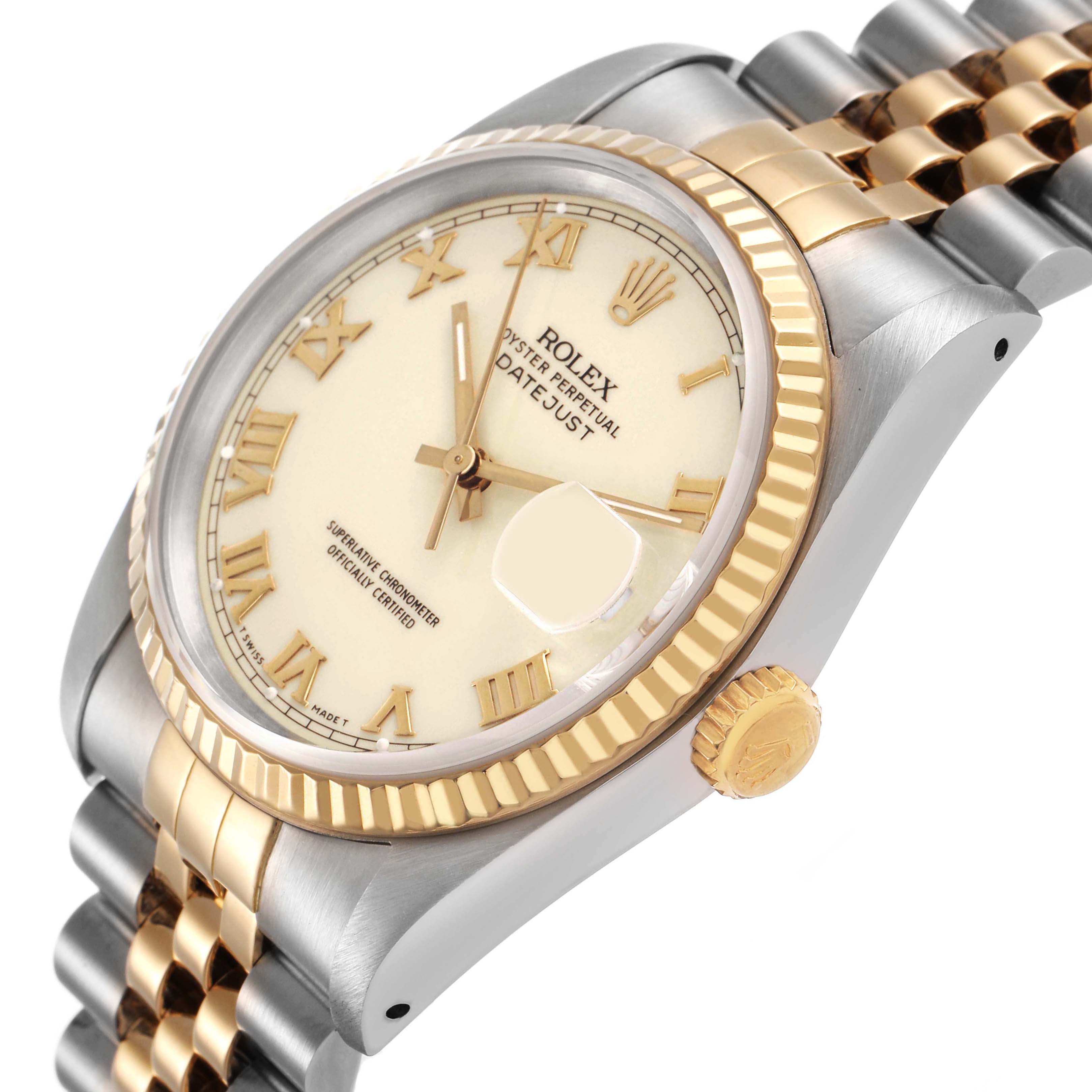 The Rolex Datejust 16233 Men's Steel and Gold (two tone) White Dial watch is shown at a tilted angle, highlighting the face, bezel, and bracelet.