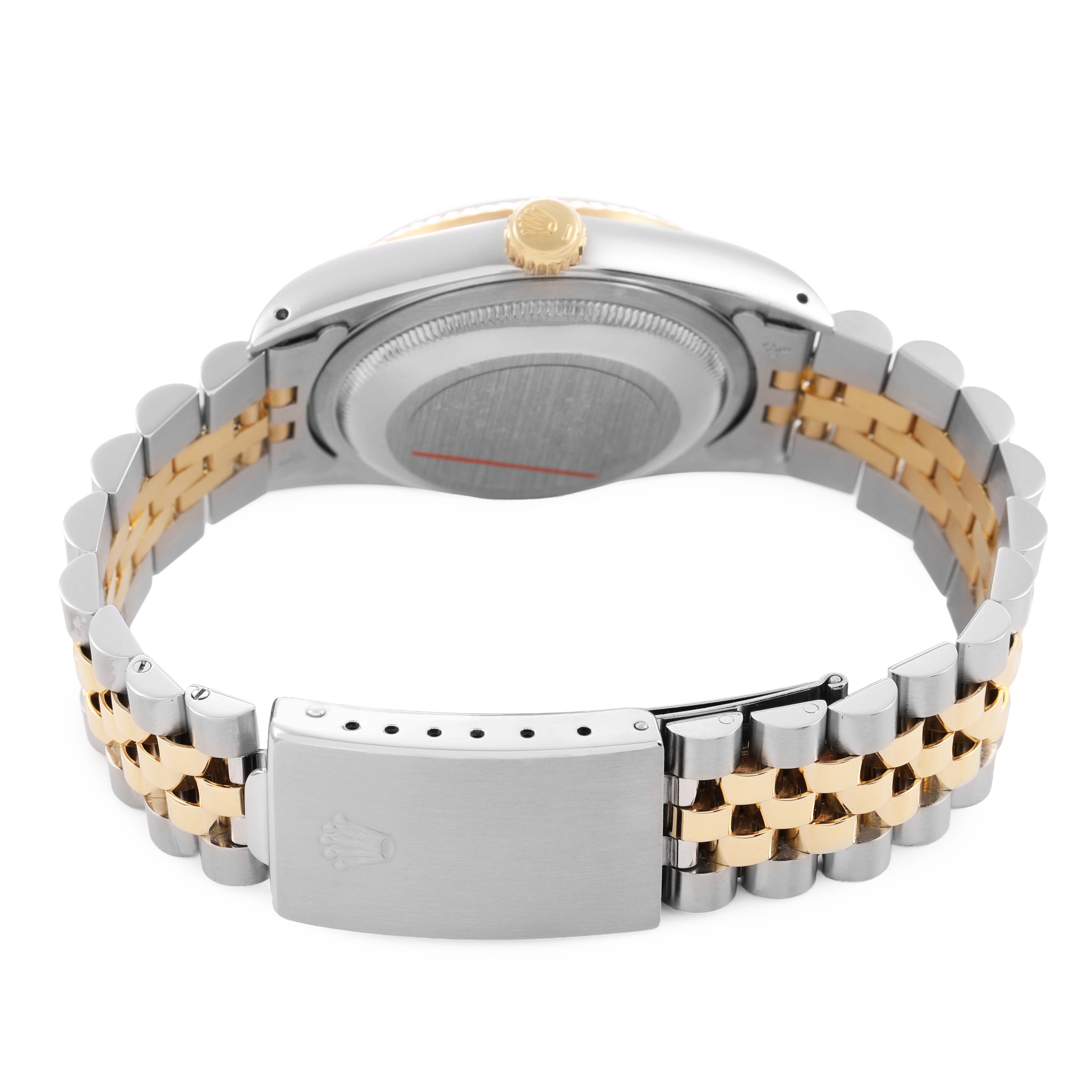 The image shows the back view of a Rolex Datejust 16233 Men's Steel and Gold (two tone) White Dial watch, highlighting its clasp, bracelet, and case back.