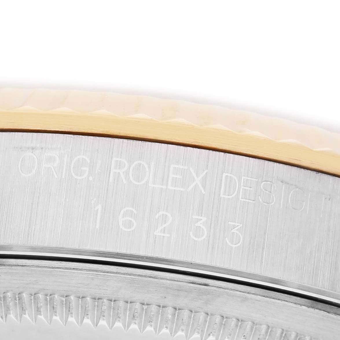 The image shows a close-up of the side of the Rolex Datejust 16233 Men's Steel and Gold (two tone) White Dial, showcasing the engraved model details.