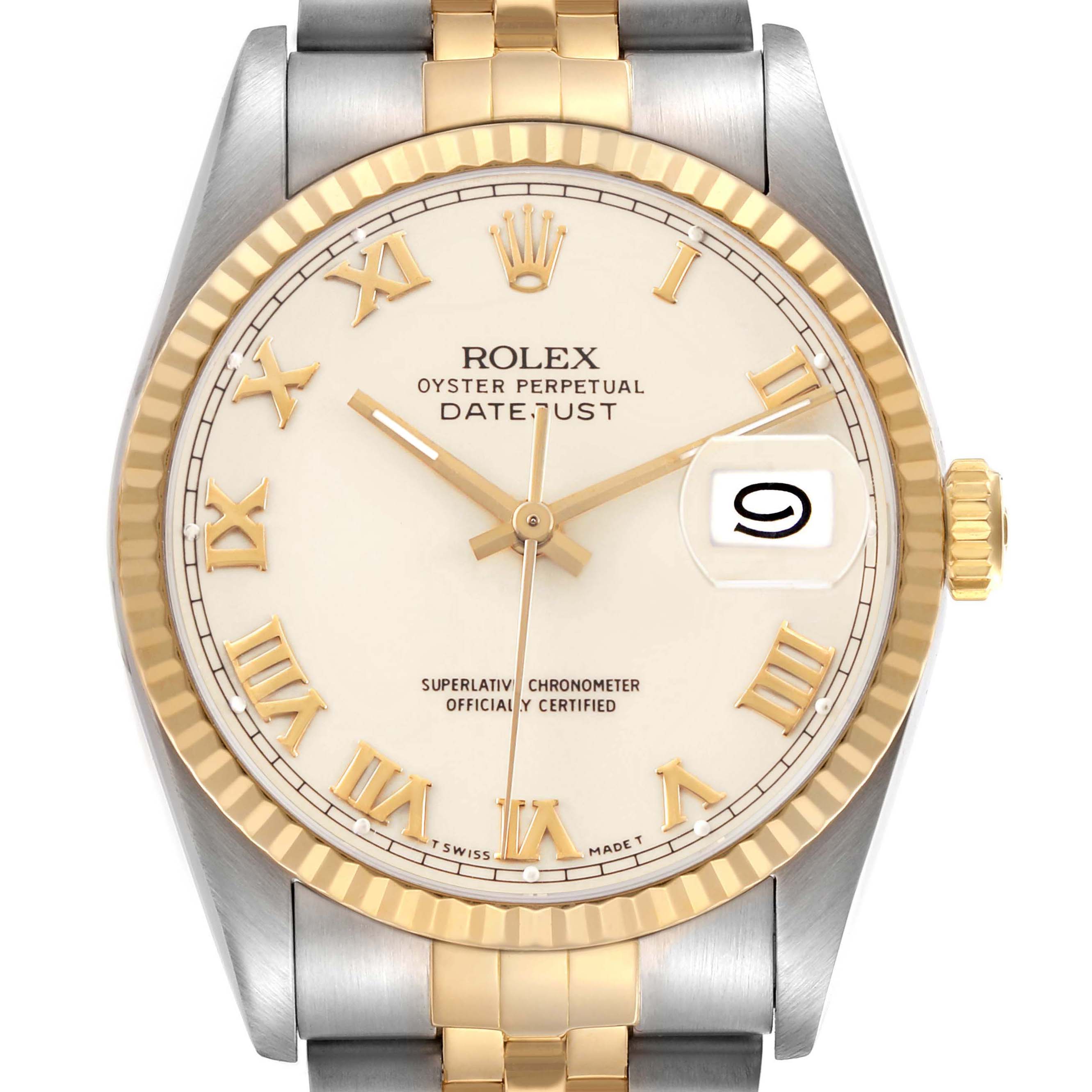 The Rolex Datejust 16233 Men's Steel and Gold (two tone) White Dial watch is shown from the front, displaying the dial, fluted bezel, and part of the bracelet.