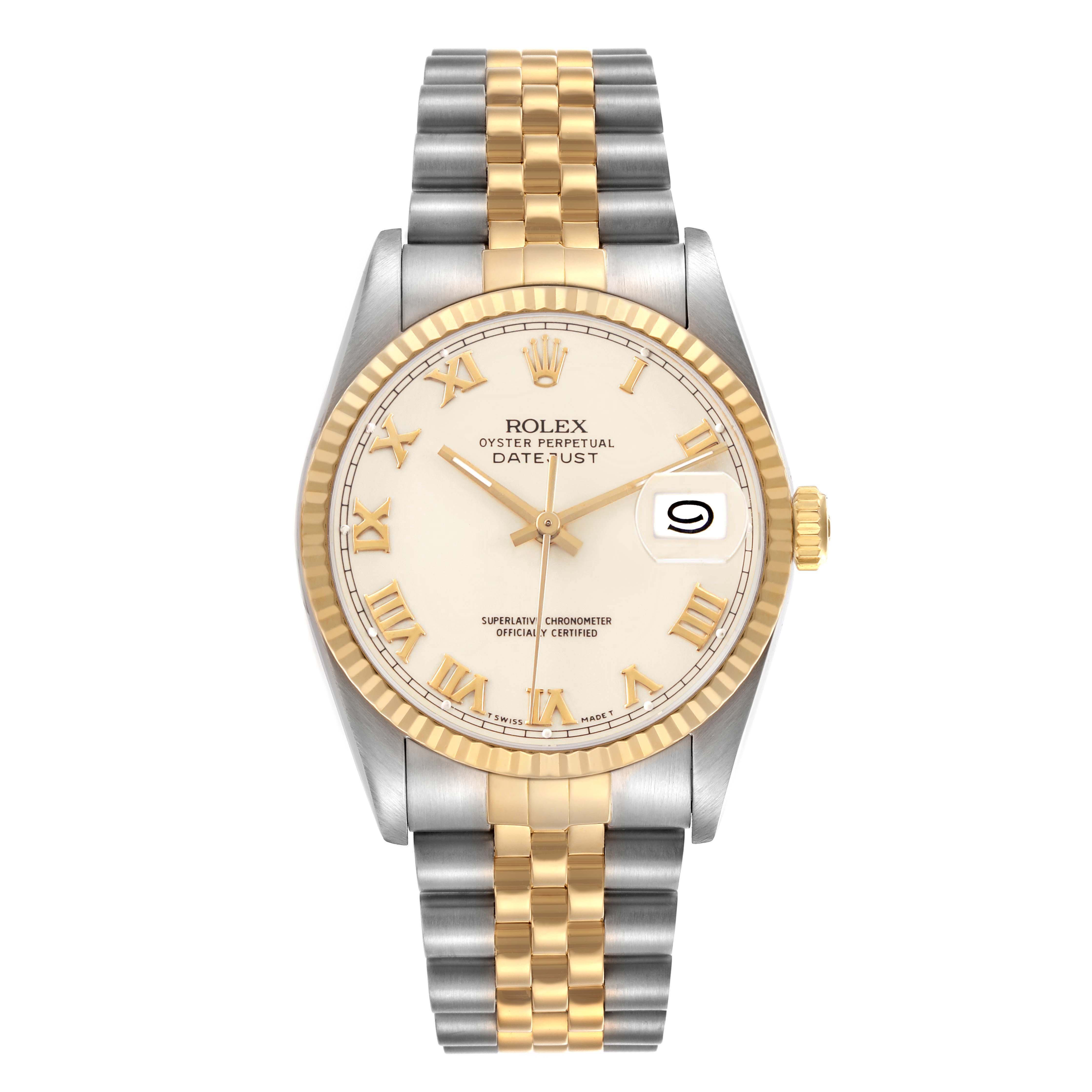 The Rolex Datejust 16233 Men's Steel and Gold (two tone) White Dial is shown from the front, highlighting the dial, bezel, and Jubilee bracelet.