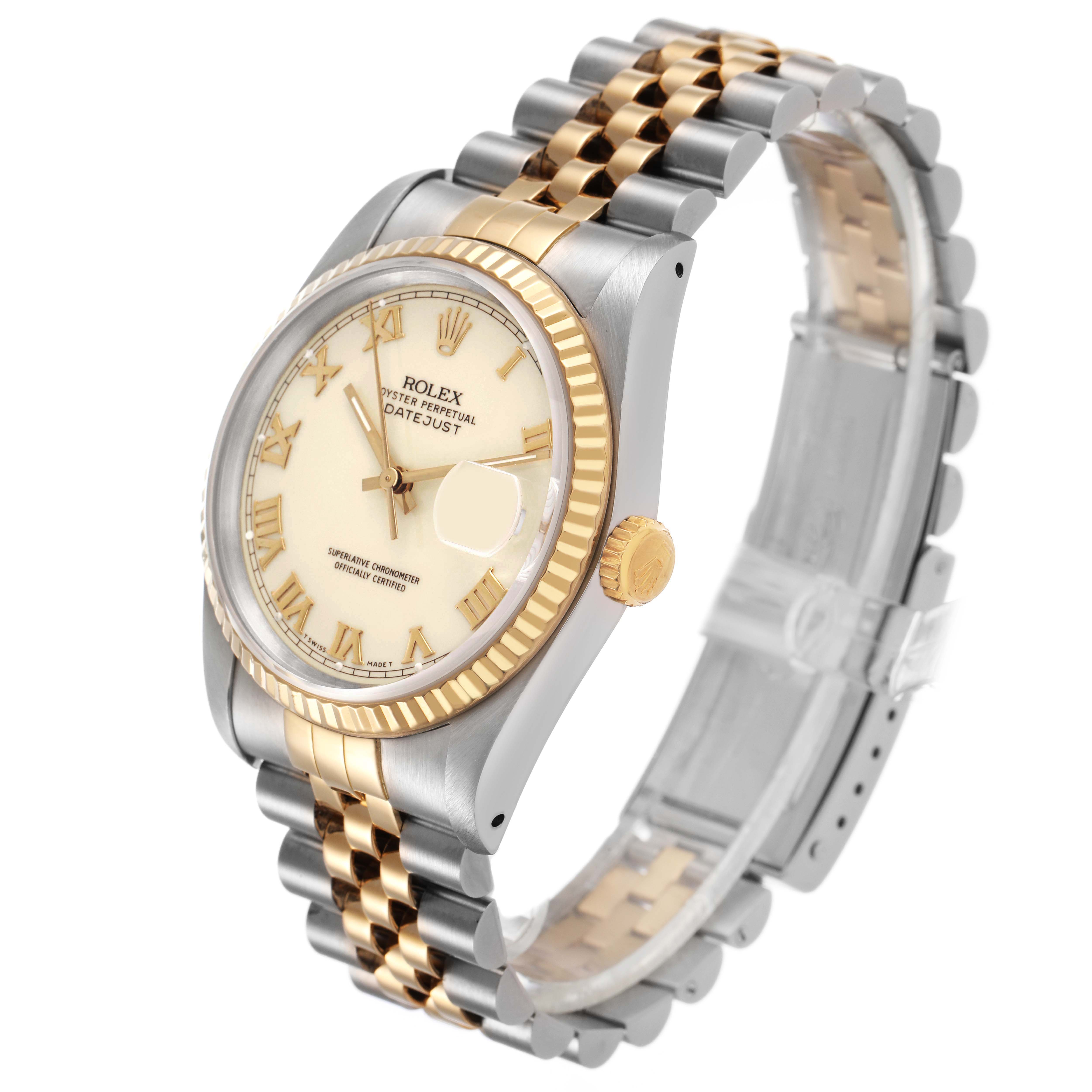 The Rolex Datejust 16233 Men's Steel and Gold (two tone) White Dial watch is shown at an angle highlighting the dial, fluted bezel, crown, and Jubilee bracelet.