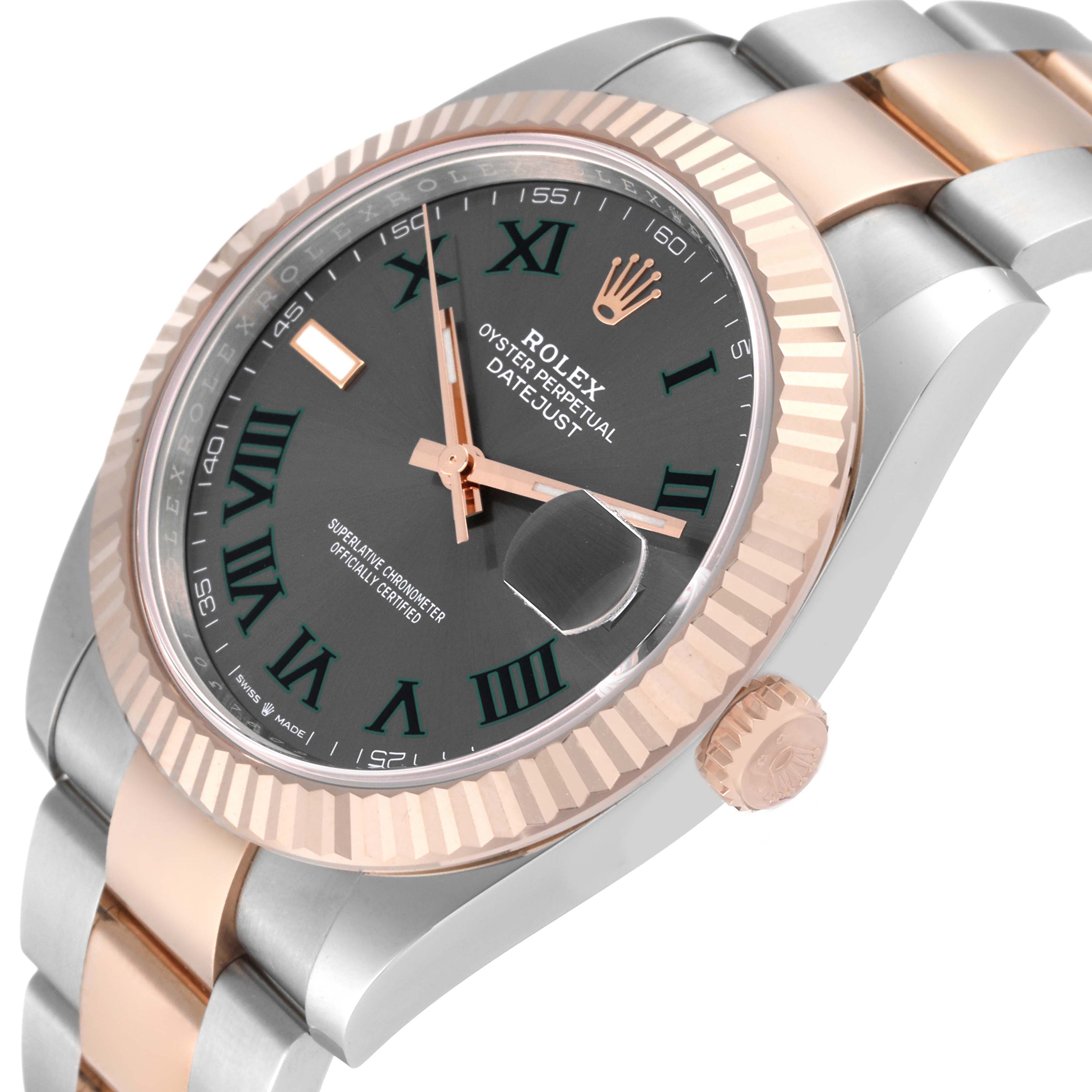 The image shows a close-up angle of the Rolex Datejust 41 126331 Men's Steel and Gold (two tone) Grey Dial 126331 Men's Steel and Gold (two tone) Grey Dial watch, highlighting the face, bezel, and a portion of the bracelet.