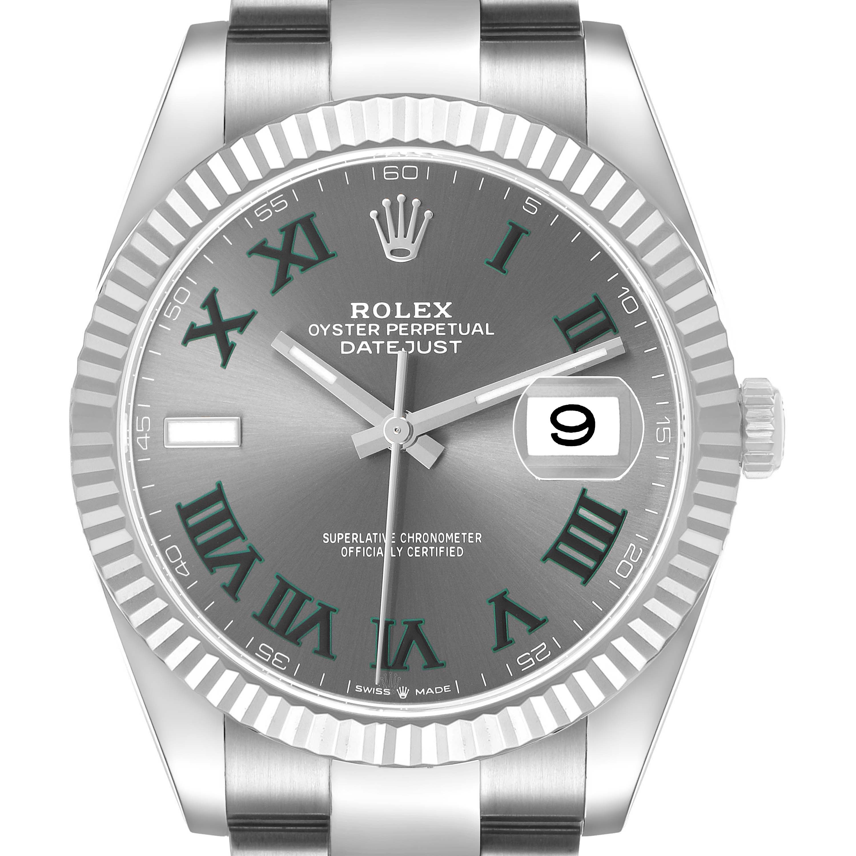 The Rolex Datejust 41 126334 Men's Stainless Steel Grey Dial is shown from the front, emphasizing the dial, fluted bezel, and bracelet.