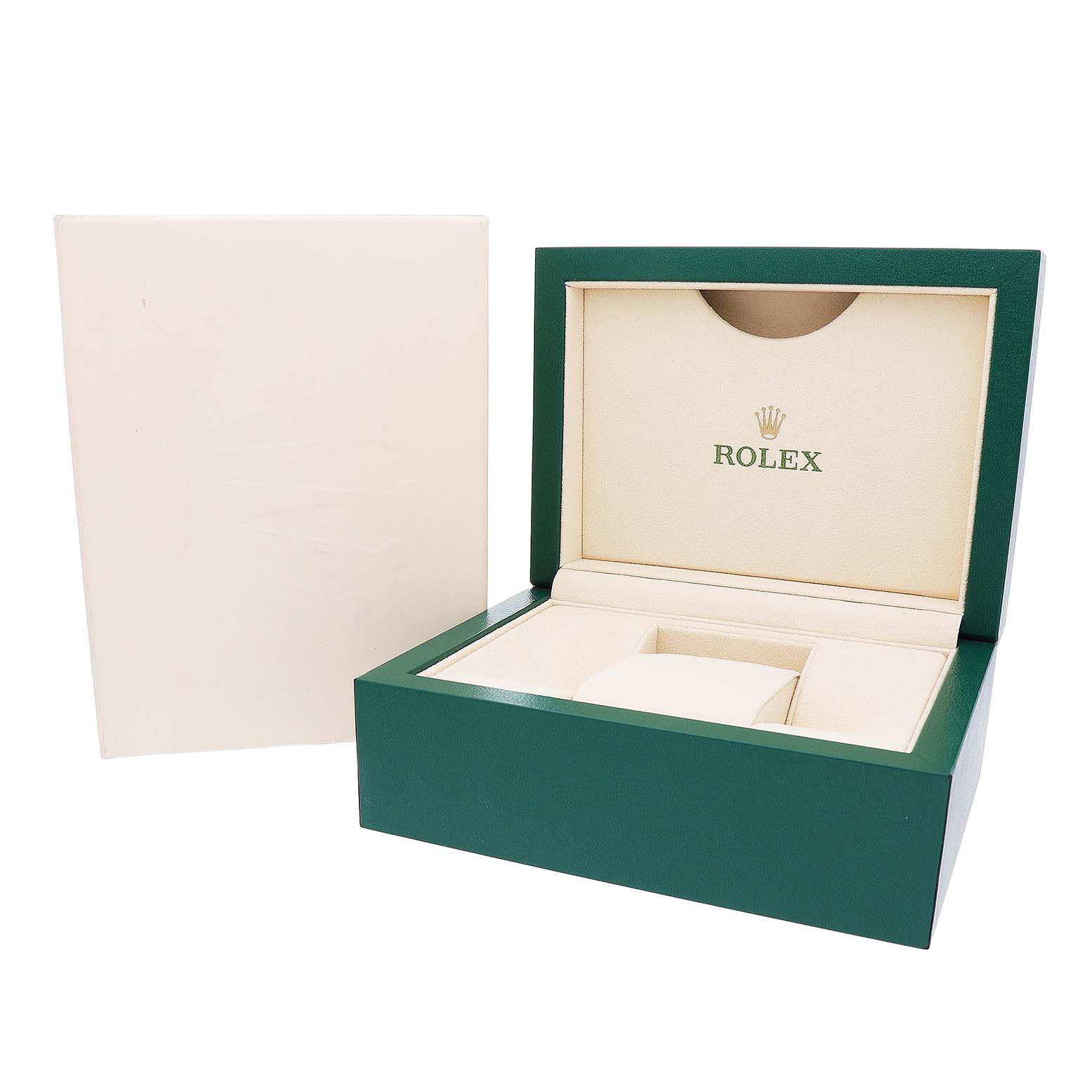 The image shows the open box of a Rolex Datejust 41 126334 Men's Stainless Steel Grey Dial, displaying its branded interior and outer packaging.