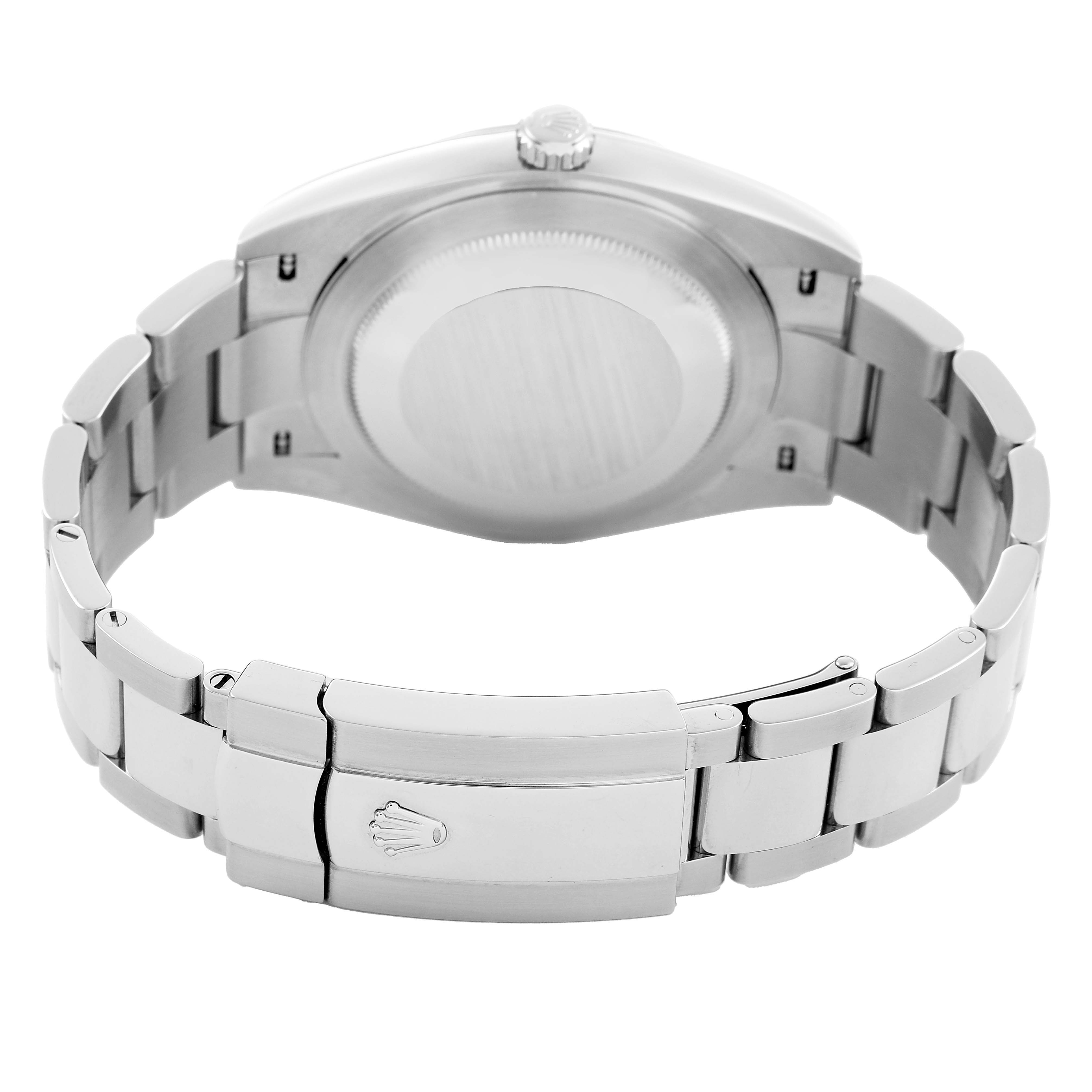 The image shows the back view of the Rolex Datejust 41 126334 Men's Stainless Steel Grey Dial, highlighting the bracelet and clasp with the crown logo.