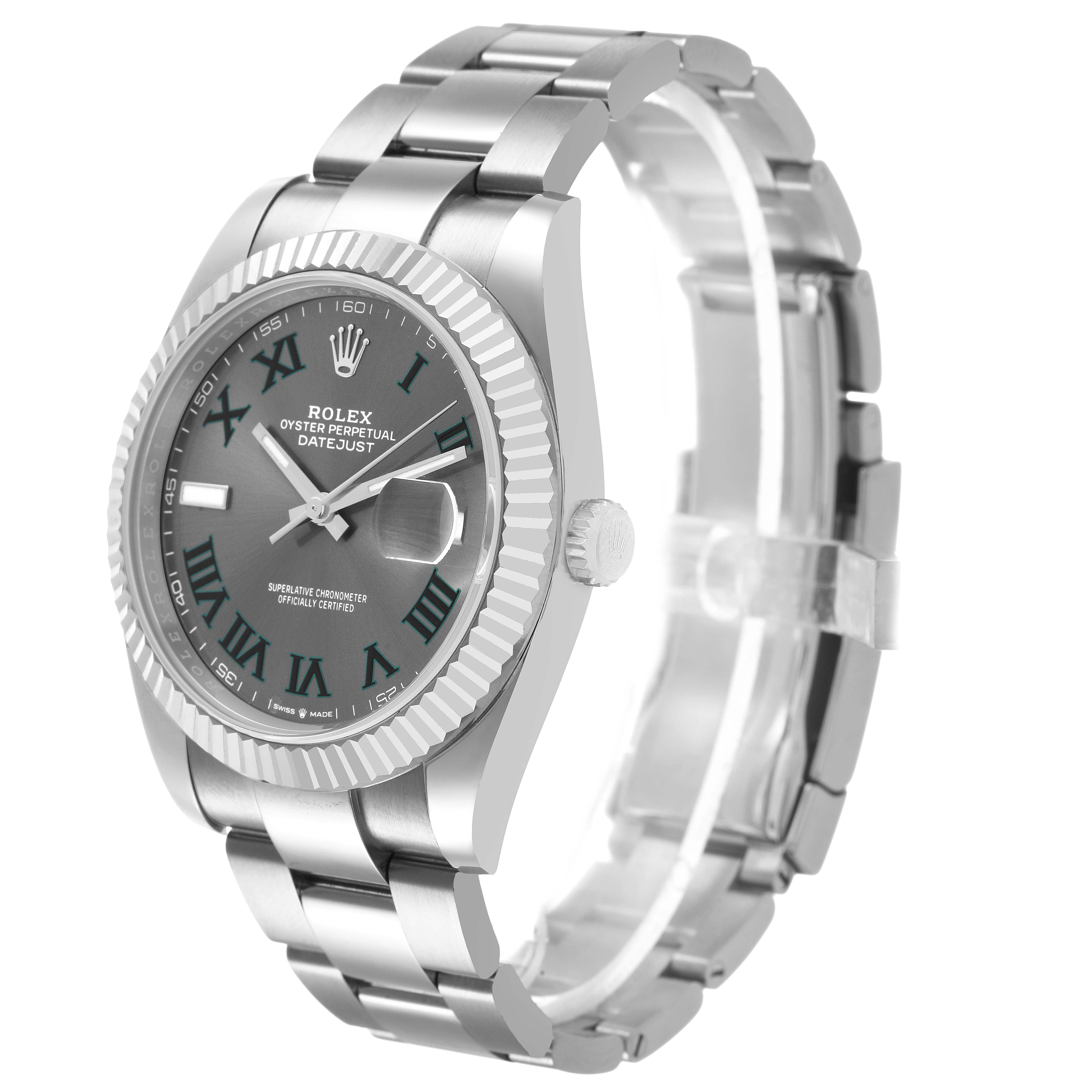 The Rolex Datejust 41 126334 Men's Stainless Steel Grey Dial is shown at a three-quarter angle highlighting the dial, bezel, crown, and bracelet.