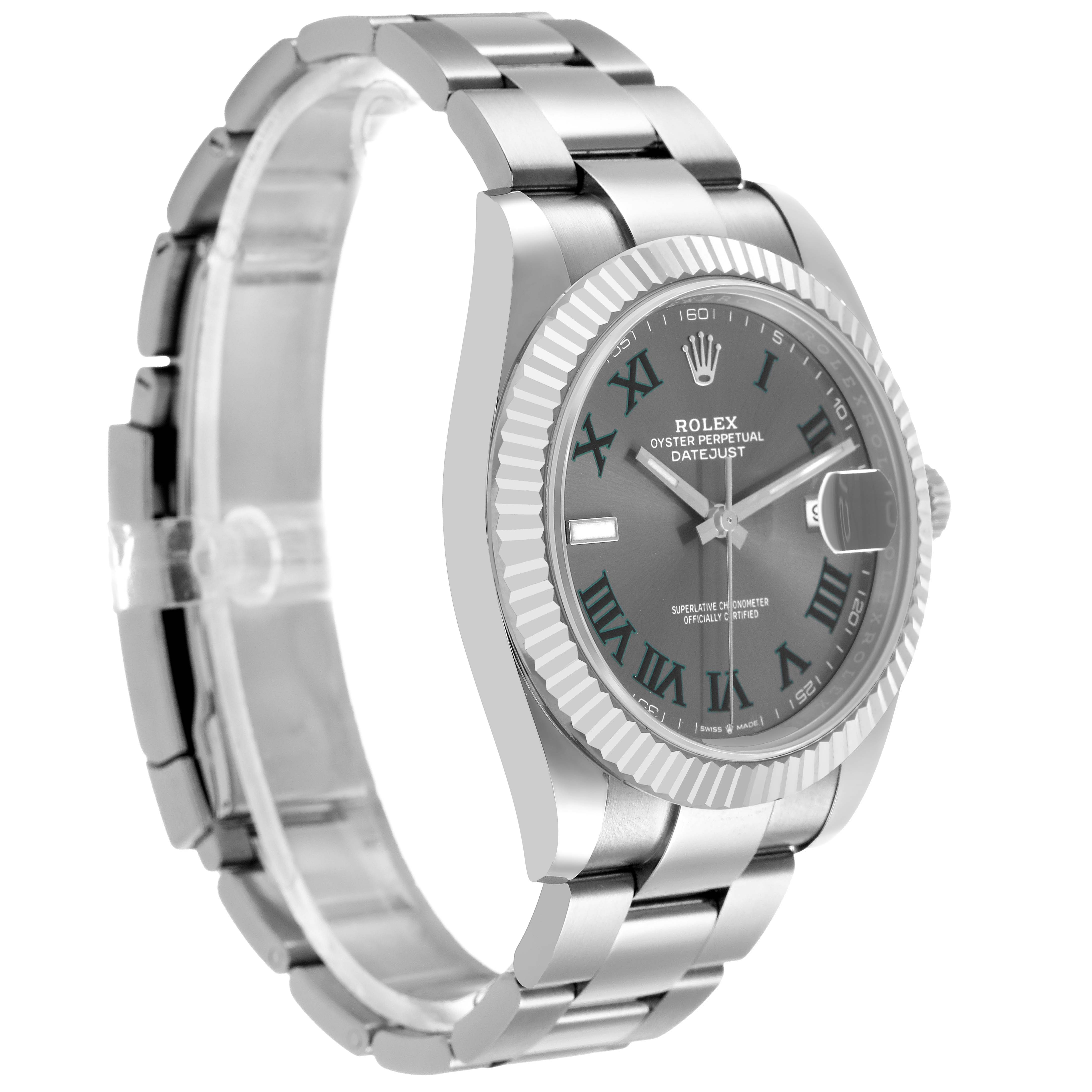 The Rolex Datejust 41 126334 Men's Stainless Steel Grey Dial is shown at a three-quarter angle, highlighting its face, bezel, and bracelet.