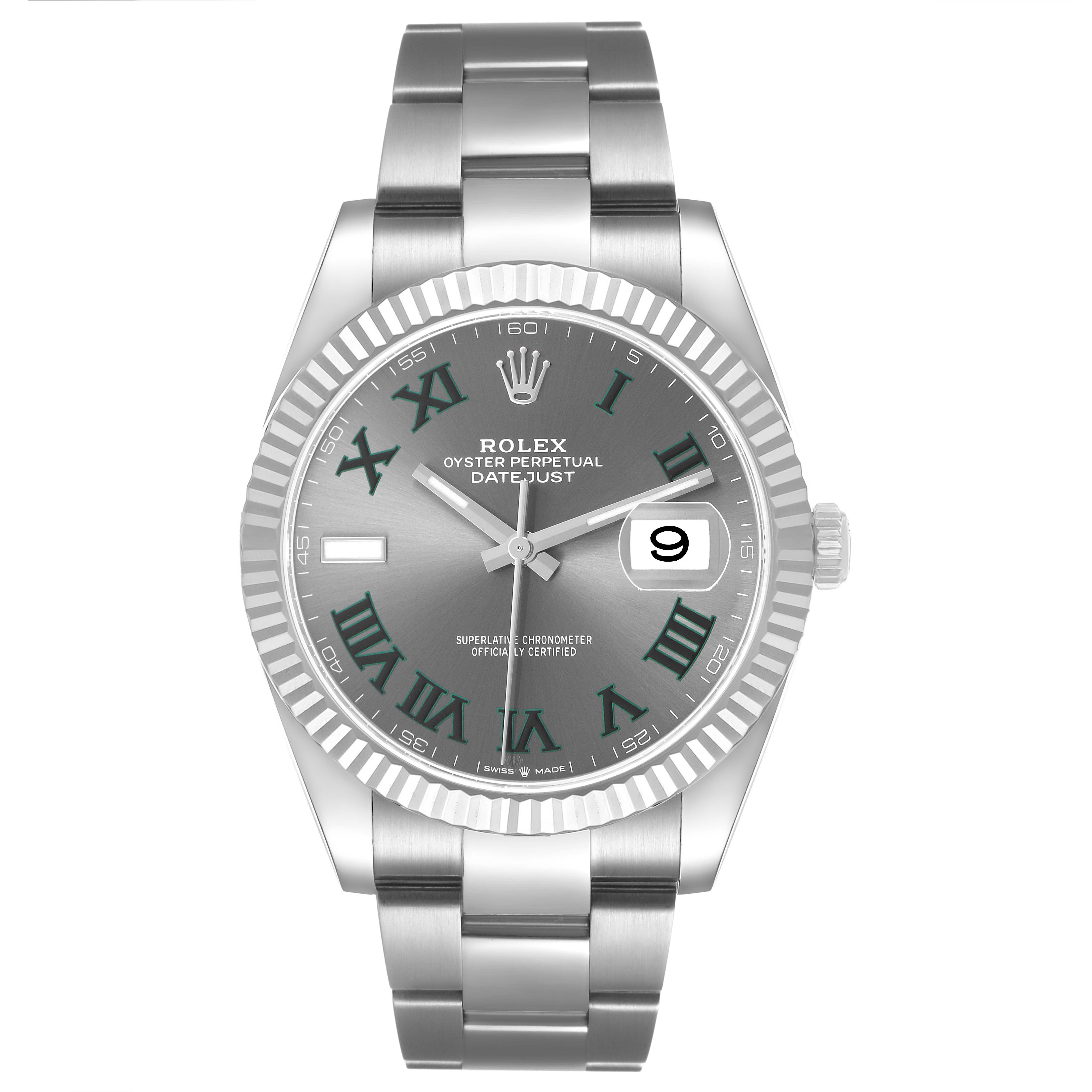 The Rolex Datejust 41 126334 Men's Stainless Steel Grey Dial is shown face-on, displaying the dial, hands, date window, bezel, and bracelet.