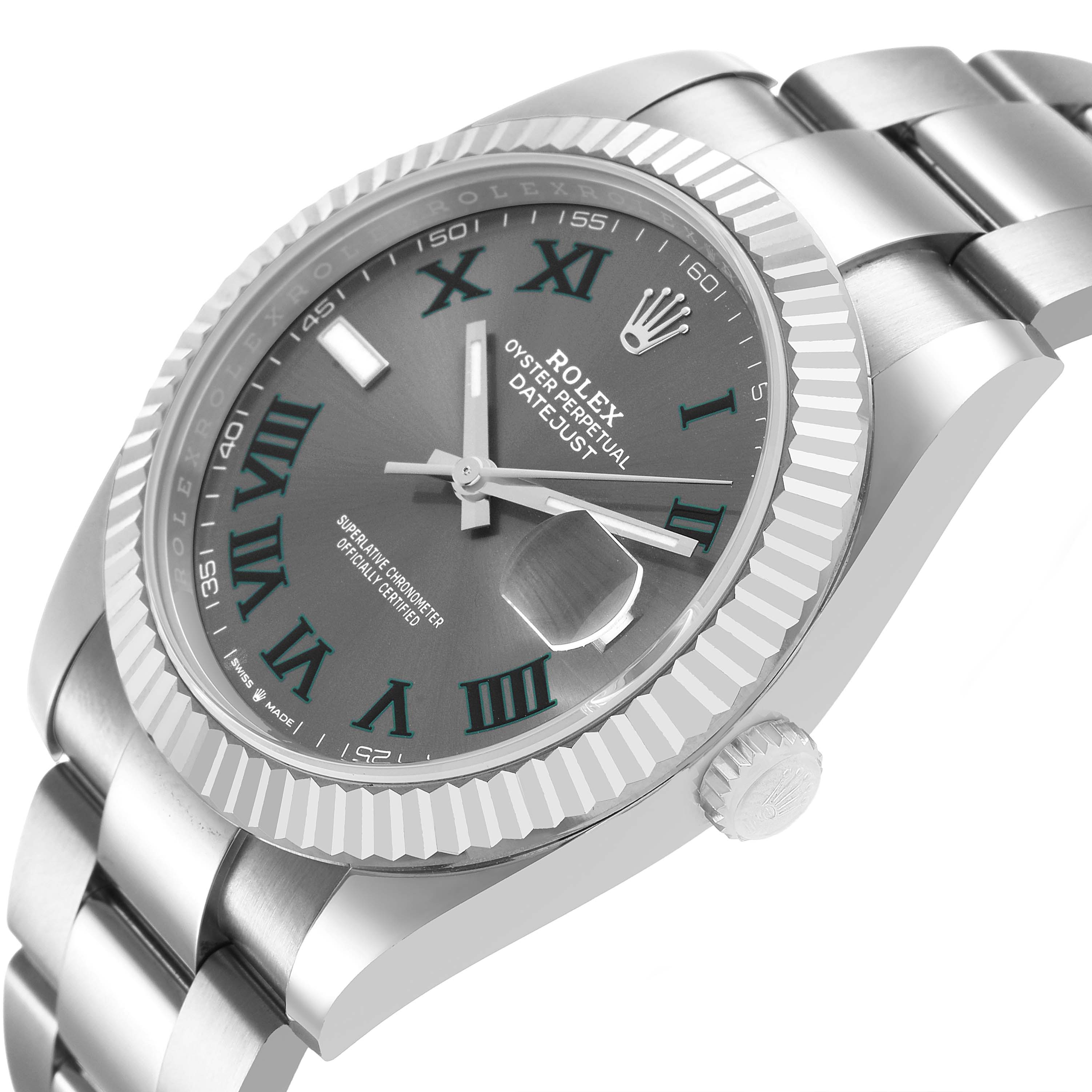 The image shows the Rolex Datejust 41 126334 Men's Stainless Steel Grey Dial watch at an angled close-up, highlighting the dial, bezel, crown, and part of the bracelet.