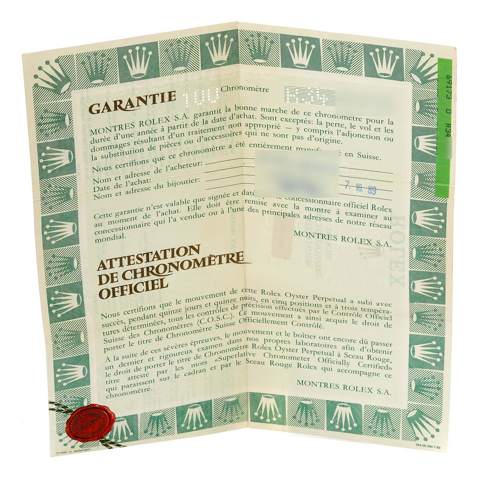 This image shows the warranty and official chronometer certification papers for a Rolex Datejust 69173 Women's Steel and Gold (two tone) Champagne Dial 69173 Women's Steel and Gold (two tone) Champagne Dial watch.