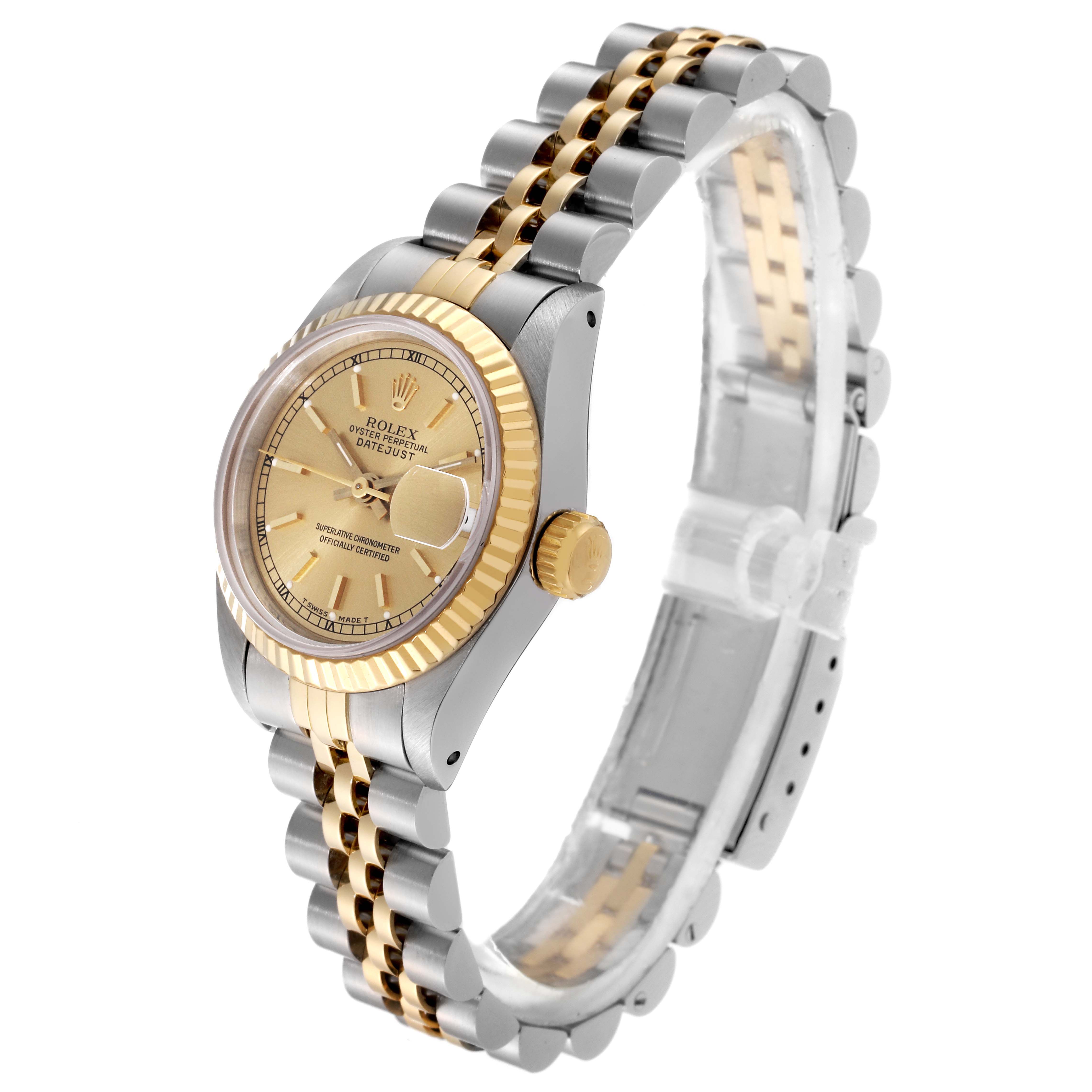 The image shows a Rolex Datejust 69173 Women's Steel and Gold (two tone) Champagne Dial 69173 Women's Steel and Gold (two tone) Champagne Dial watch at a slight angle, highlighting the gold and silver band, dial, and crown.