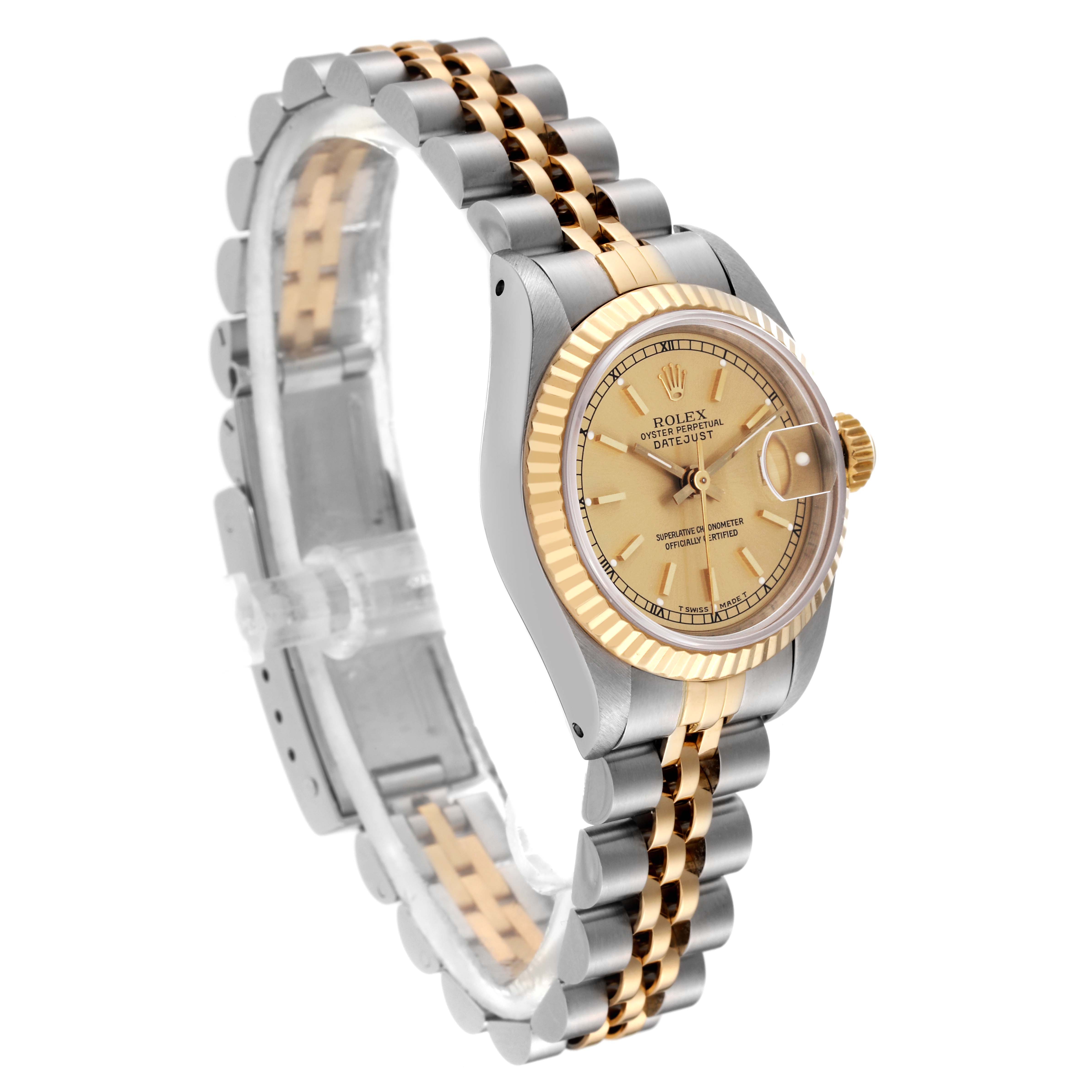 This image shows a side and angled view of a Rolex Datejust 69173 Women's Steel and Gold (two tone) Champagne Dial 69173 Women's Steel and Gold (two tone) Champagne Dial watch, highlighting the gold and silver bracelet, dial, and bezel.