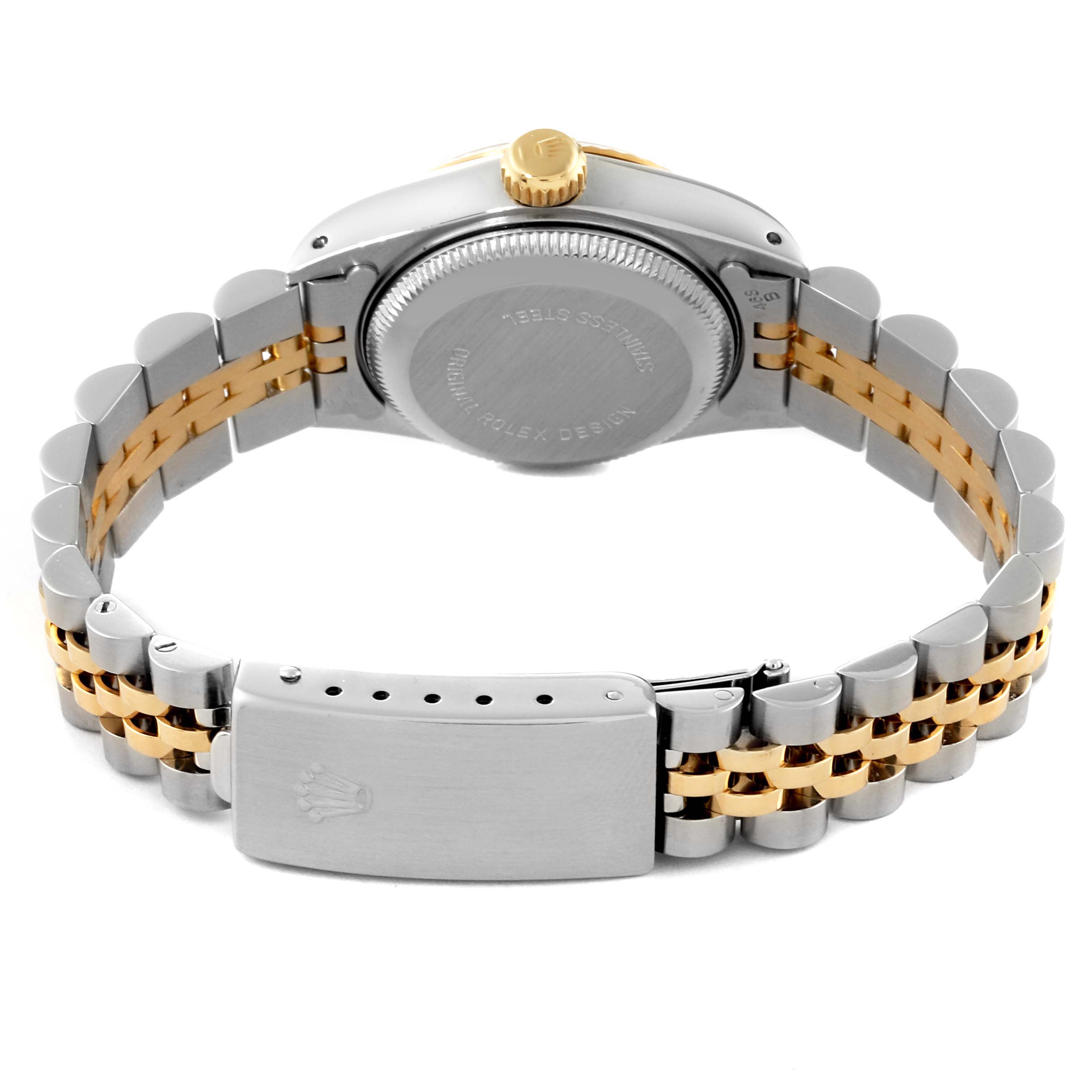 This image shows the back of a Rolex Datejust 69173 Women's Steel and Gold (two tone) Champagne Dial 69173 Women's Steel and Gold (two tone) Champagne Dial watch, focusing on the clasp, bracelet, and case back.