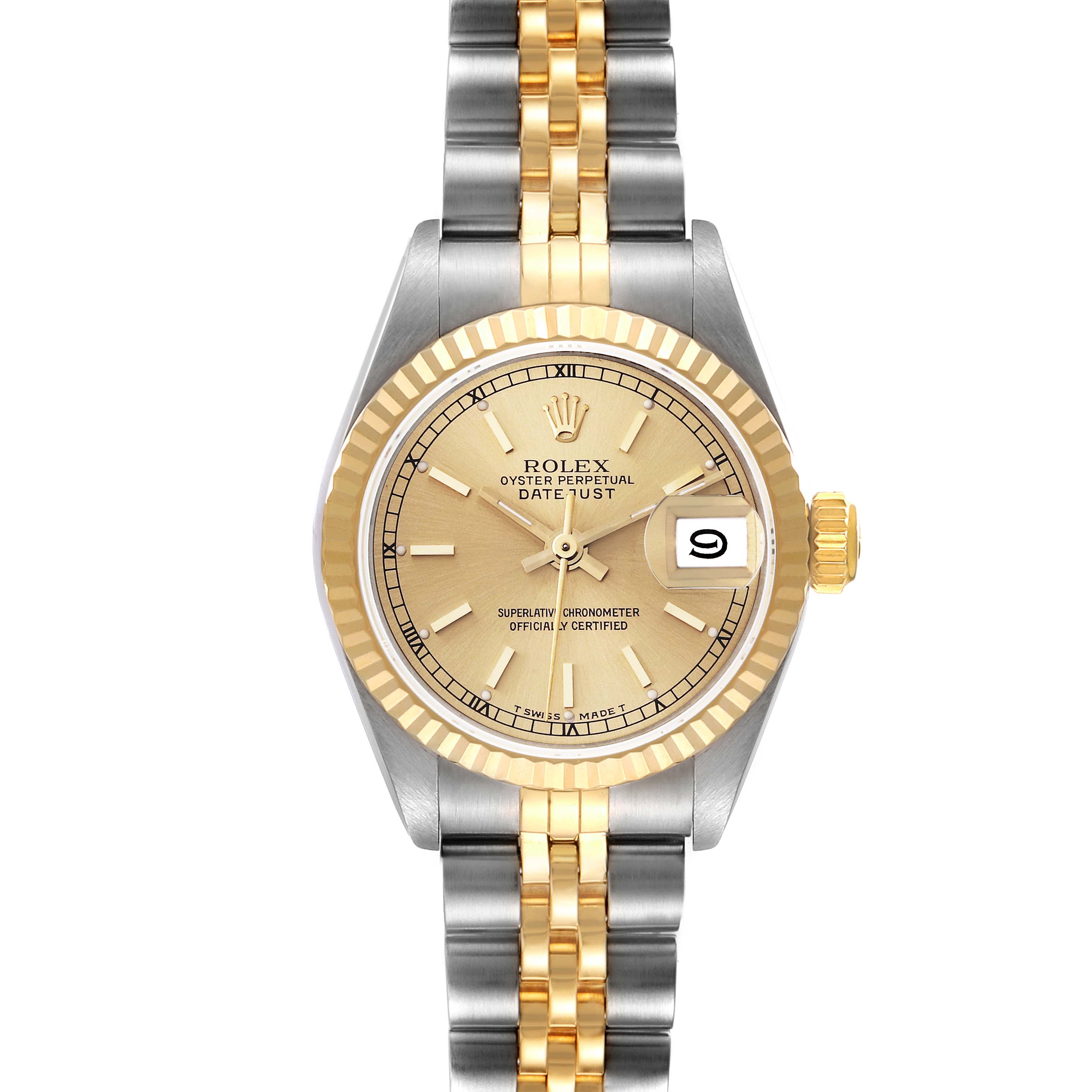 The image shows a front view of a Rolex Datejust 69173 Women's Steel and Gold (two tone) Champagne Dial 69173 Women's Steel and Gold (two tone) Champagne Dial watch, featuring a gold and silver bracelet and a gold dial with a date window.
