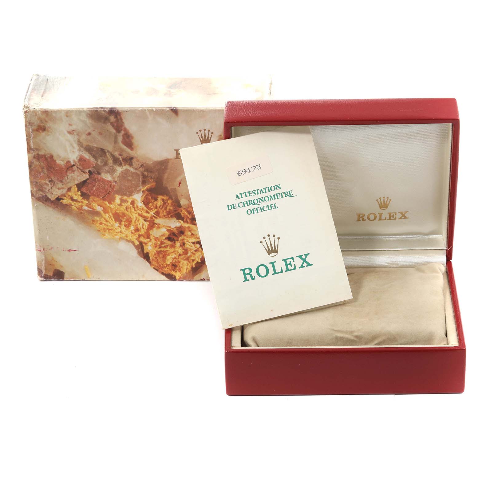 The image shows the packaging and documentation for a Rolex Datejust 69173 Women's Steel and Gold (two tone) Champagne Dial 69173 Women's Steel and Gold (two tone) Champagne Dial model, including the watch box and certificate.