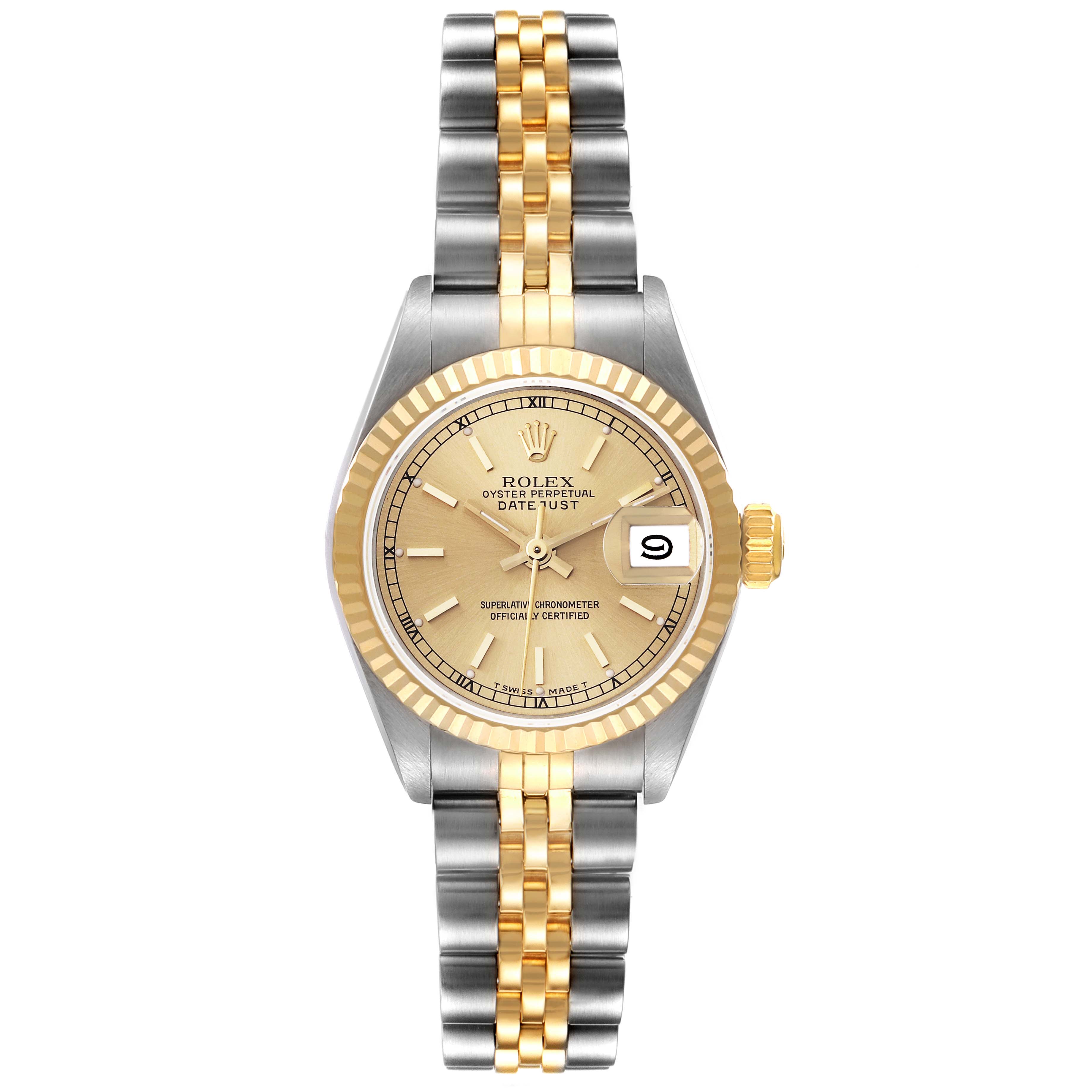 This is a Rolex Datejust 69173 Women's Steel and Gold (two tone) Champagne Dial 69173 Women's Steel and Gold (two tone) Champagne Dial watch shown from a top-down view, displaying its dial, fluted bezel, and Jubilee bracelet.