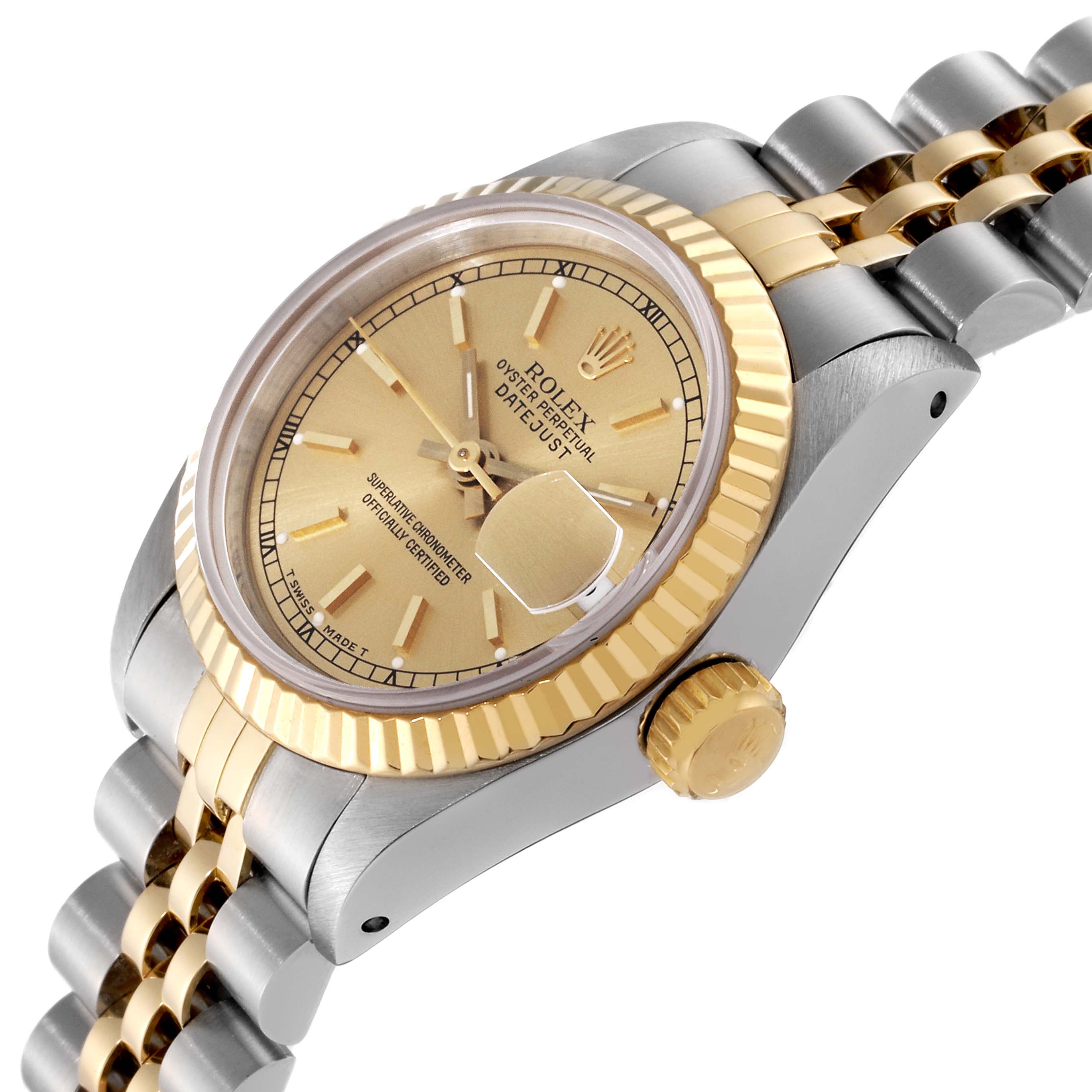 The Rolex Datejust 69173 Women's Steel and Gold (two tone) Champagne Dial 69173 Women's Steel and Gold (two tone) Champagne Dial watch is shown in a tilted angle displaying the dial, fluted bezel, crown, and Jubilee bracelet.