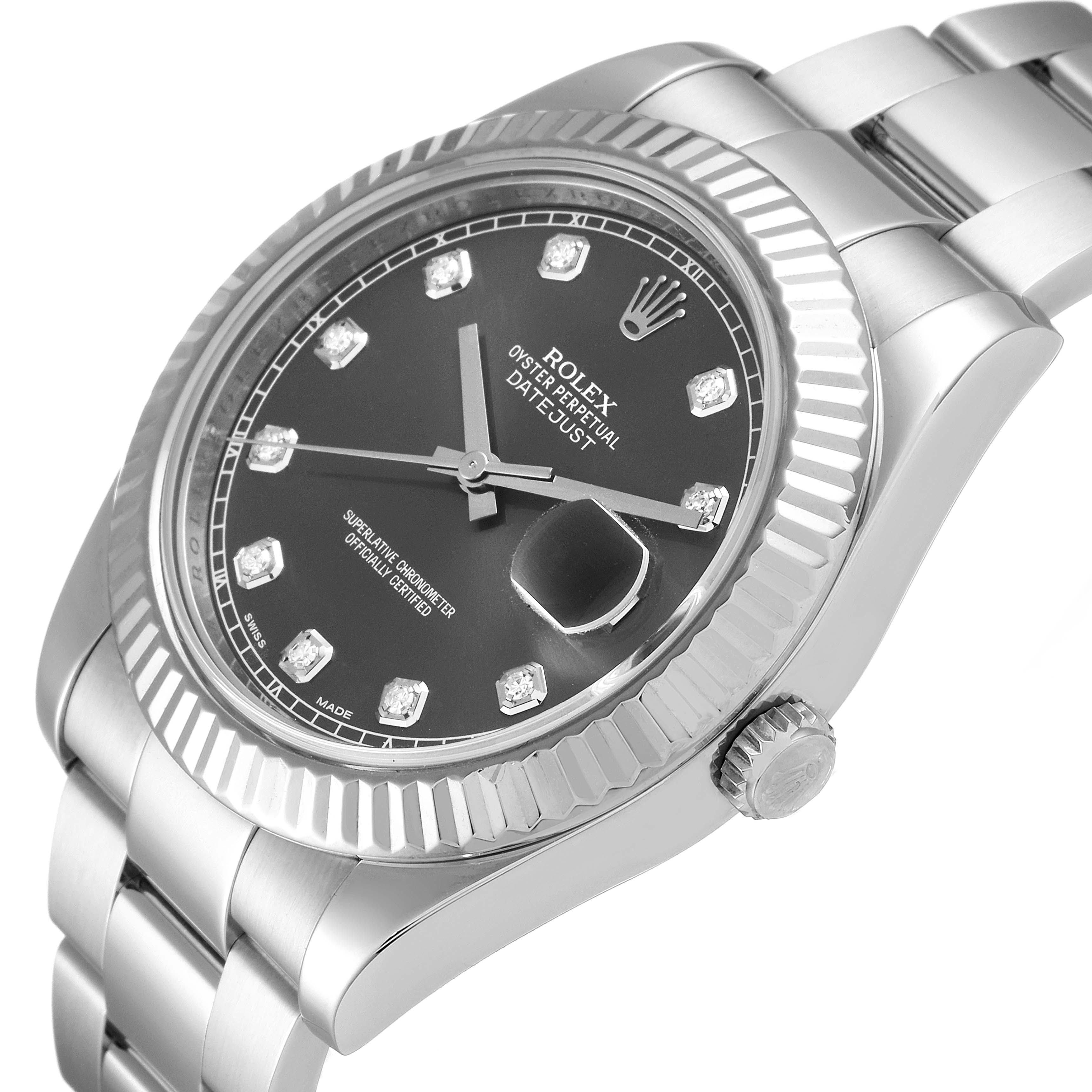 The image shows a close-up, angled view of a Rolex Datejust 41 116334 Men
s Stainless Steel Grey Dial 116334 Men
s Stainless Steel Grey Dial watch, highlighting its dial, bezel, and bracelet.