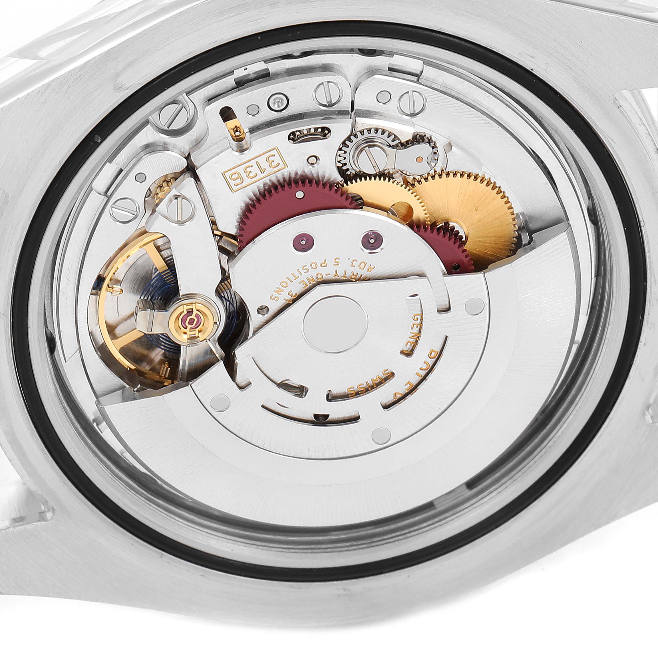 This image shows the back view of the Rolex Datejust 41 116334 Men
s Stainless Steel Grey Dial 116334 Men
s Stainless Steel Grey Dial model, highlighting its internal mechanical movement.