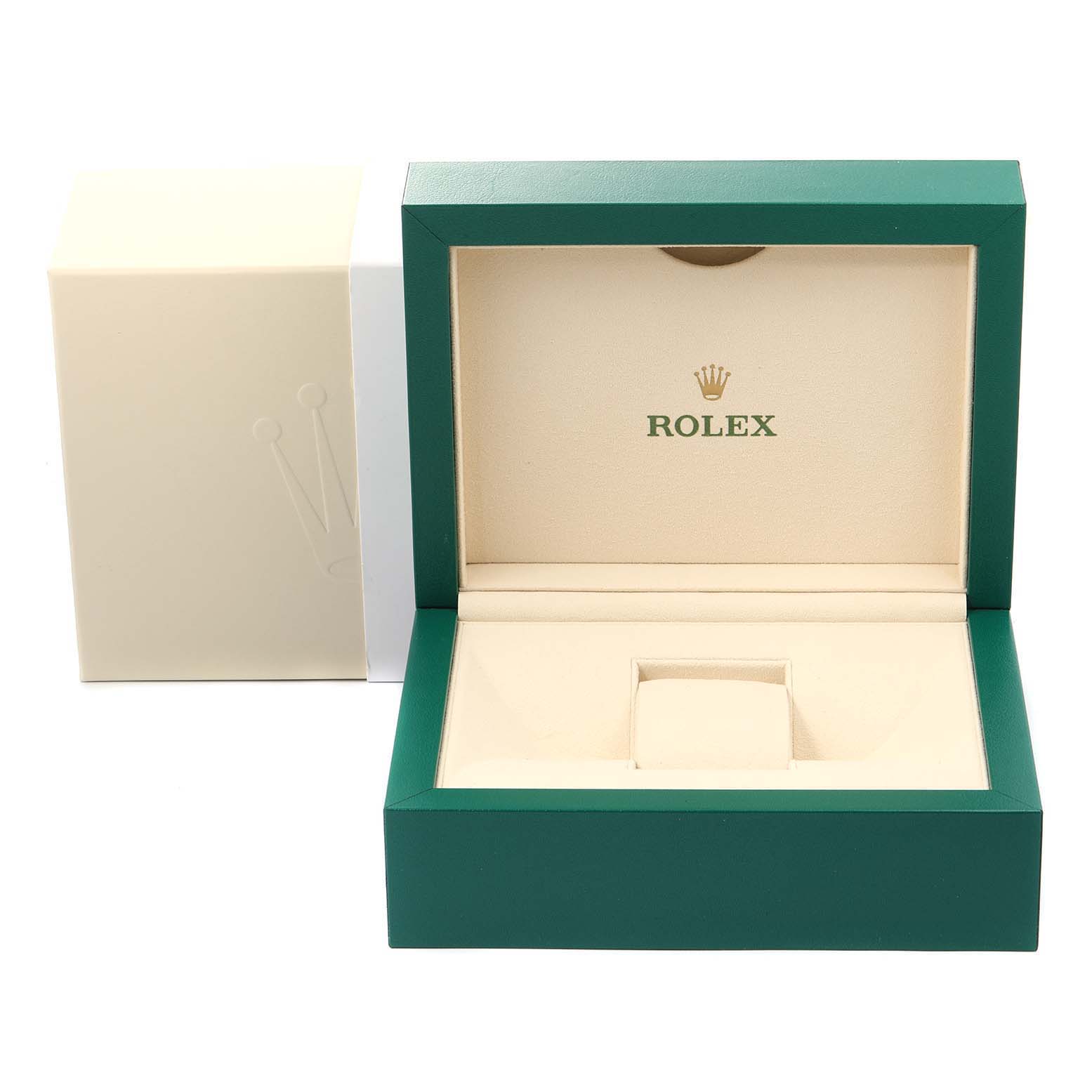 This image shows an open green and beige Rolex watch box for the Datejust 41 model, viewed from the front.