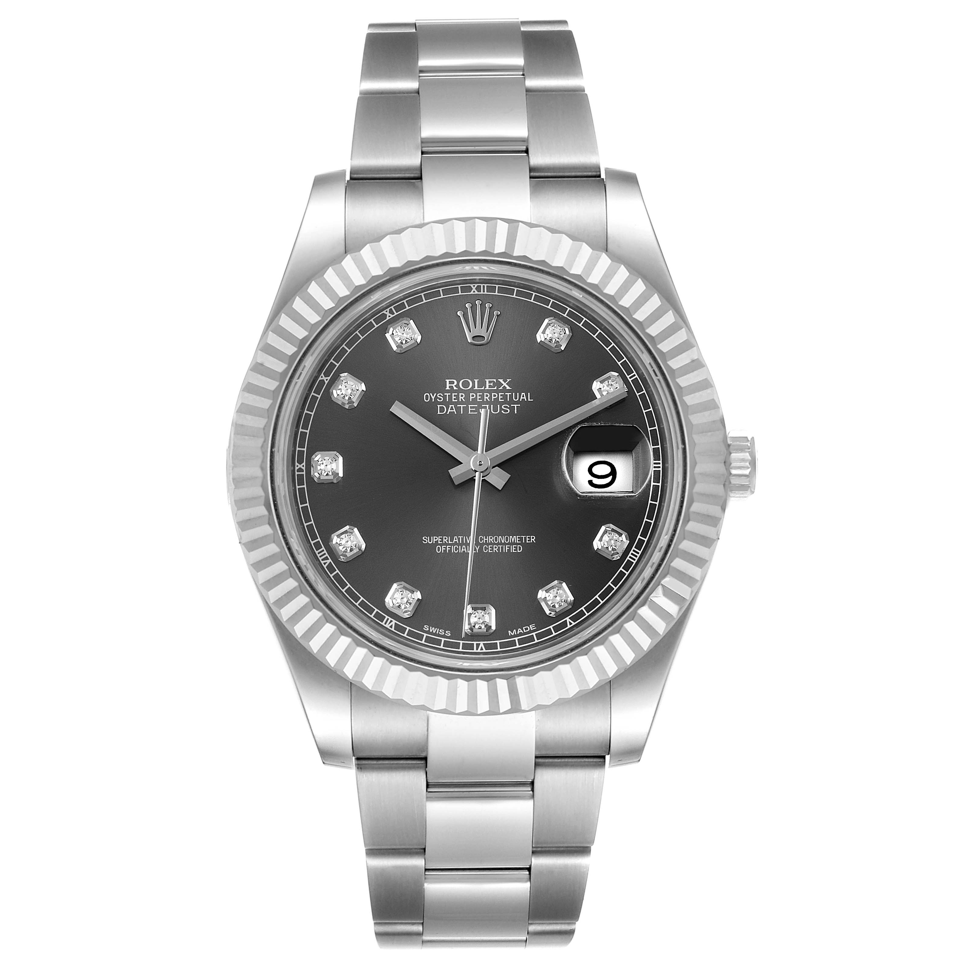The image shows a front view of a Rolex Datejust 41 116334 Men
s Stainless Steel Grey Dial 116334 Men
s Stainless Steel Grey Dial, highlighting its dial, bezel, bracelet, and date complication.