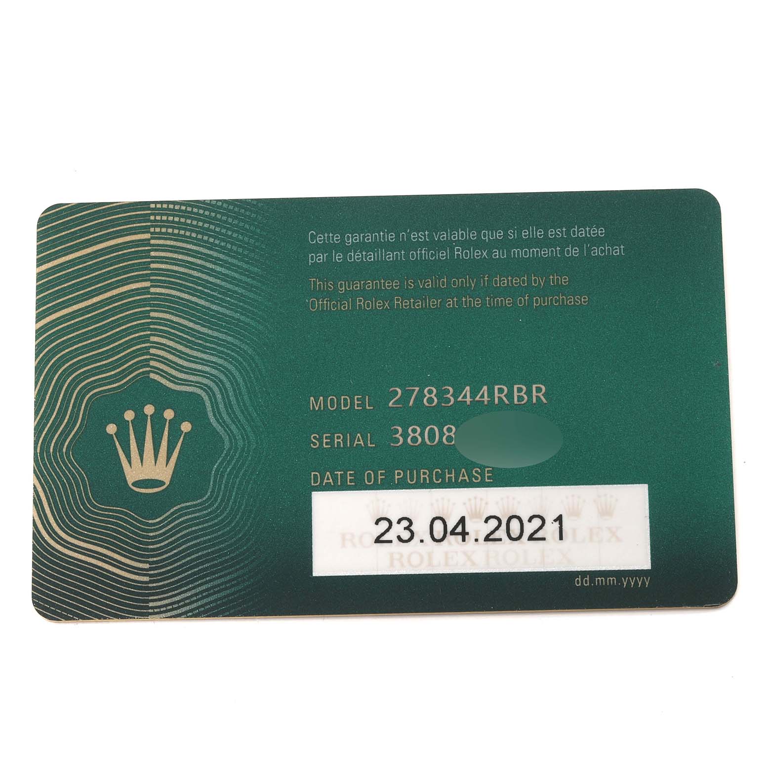 The image shows a guarantee card for a Mid-Size Rolex watch, model 278344RBR, including purchase date.