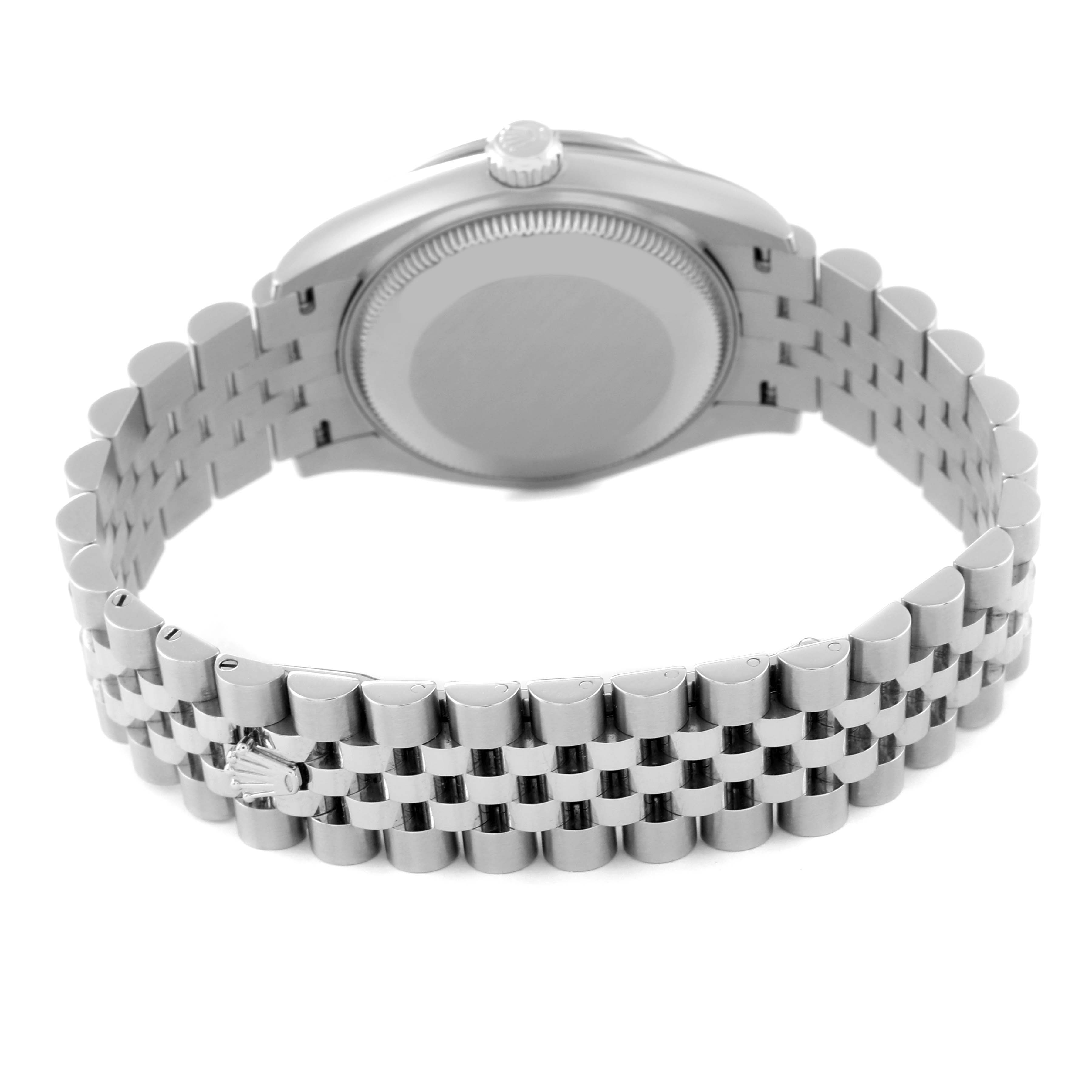 This image shows the back and bracelet of a Mid-Size Rolex watch, highlighting the clasp and case back.