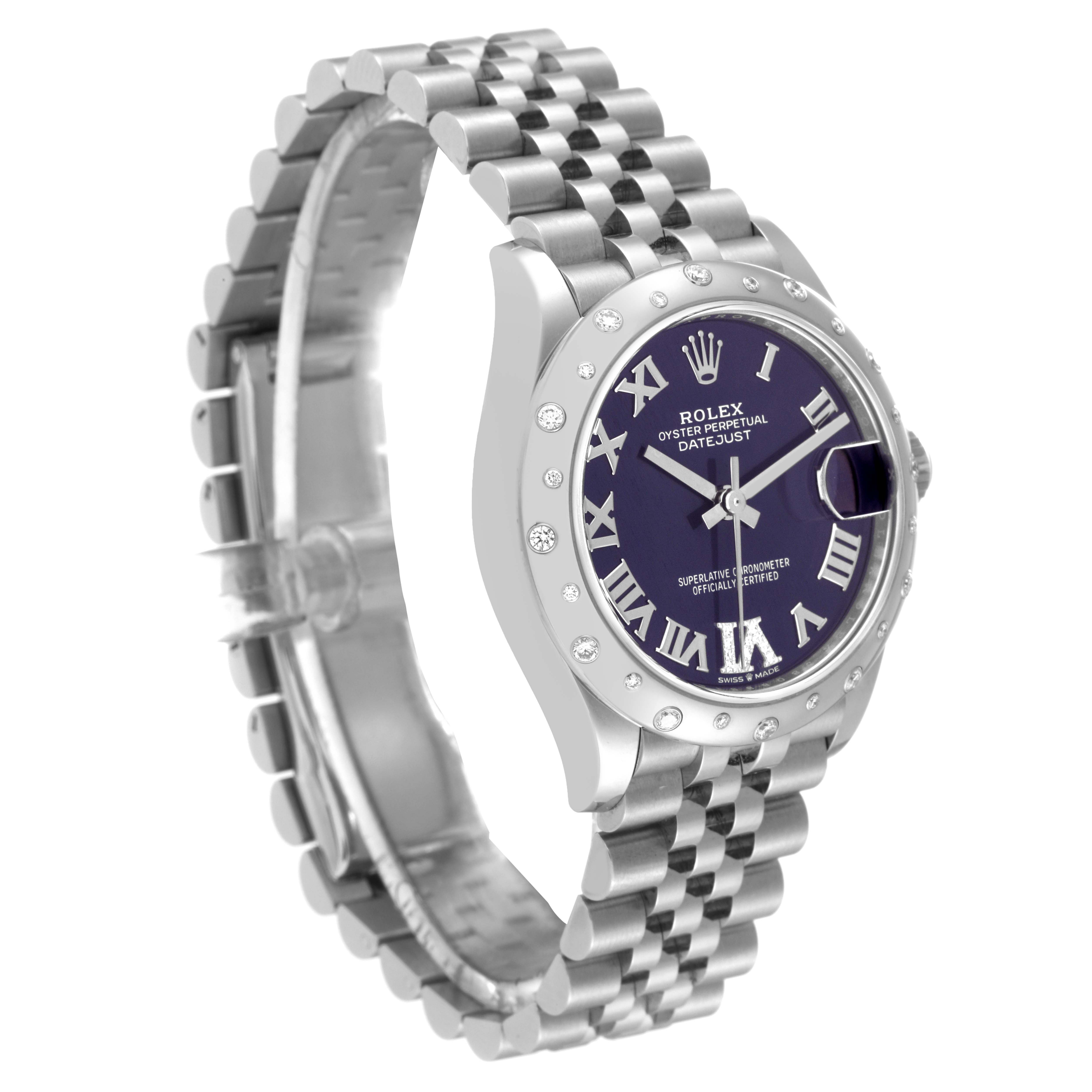 This image shows a side angle of a Mid-Size Rolex Datejust watch, highlighting the dial, bezel, and bracelet.