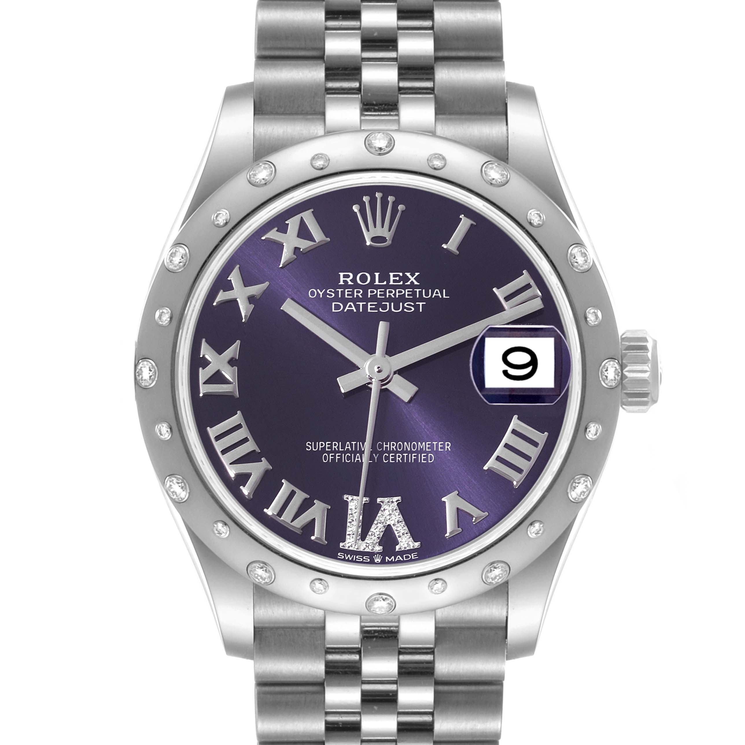 The image shows a front view of a Mid-Size Rolex Datejust watch, highlighting its purple dial, date window, and detailed bezel.