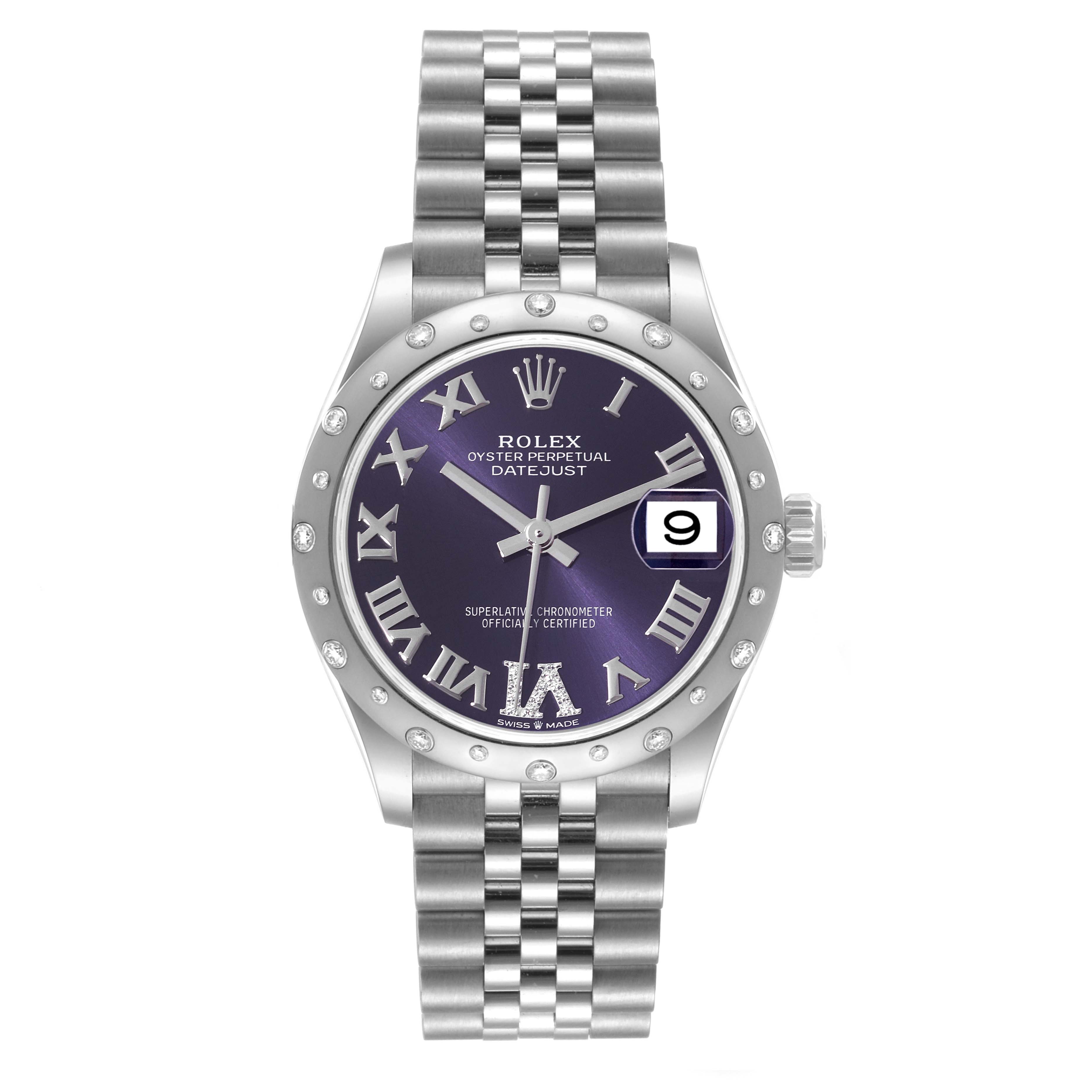 The Rolex Mid-Size 278344 Women's Stainless Steel Purple Dial 278344 Women's Stainless Steel Purple Dial Datejust watch is shown from a front angle, displaying the dial, bezel, and bracelet.