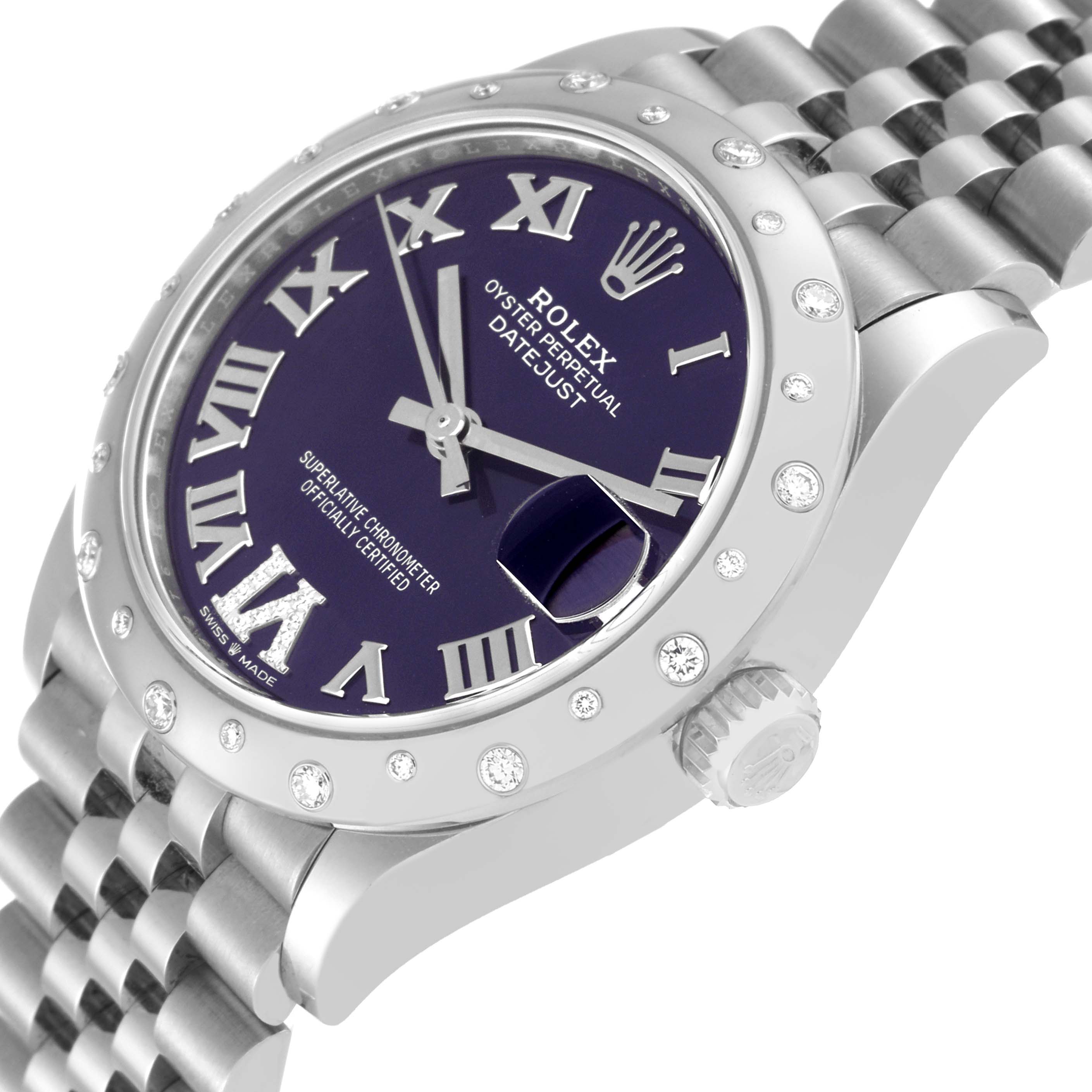 This image shows a Rolex Mid-Size 278344 Women's Stainless Steel Purple Dial 278344 Women's Stainless Steel Purple Dial Datejust watch from an angled front view, highlighting the dial, bezel, and bracelet.