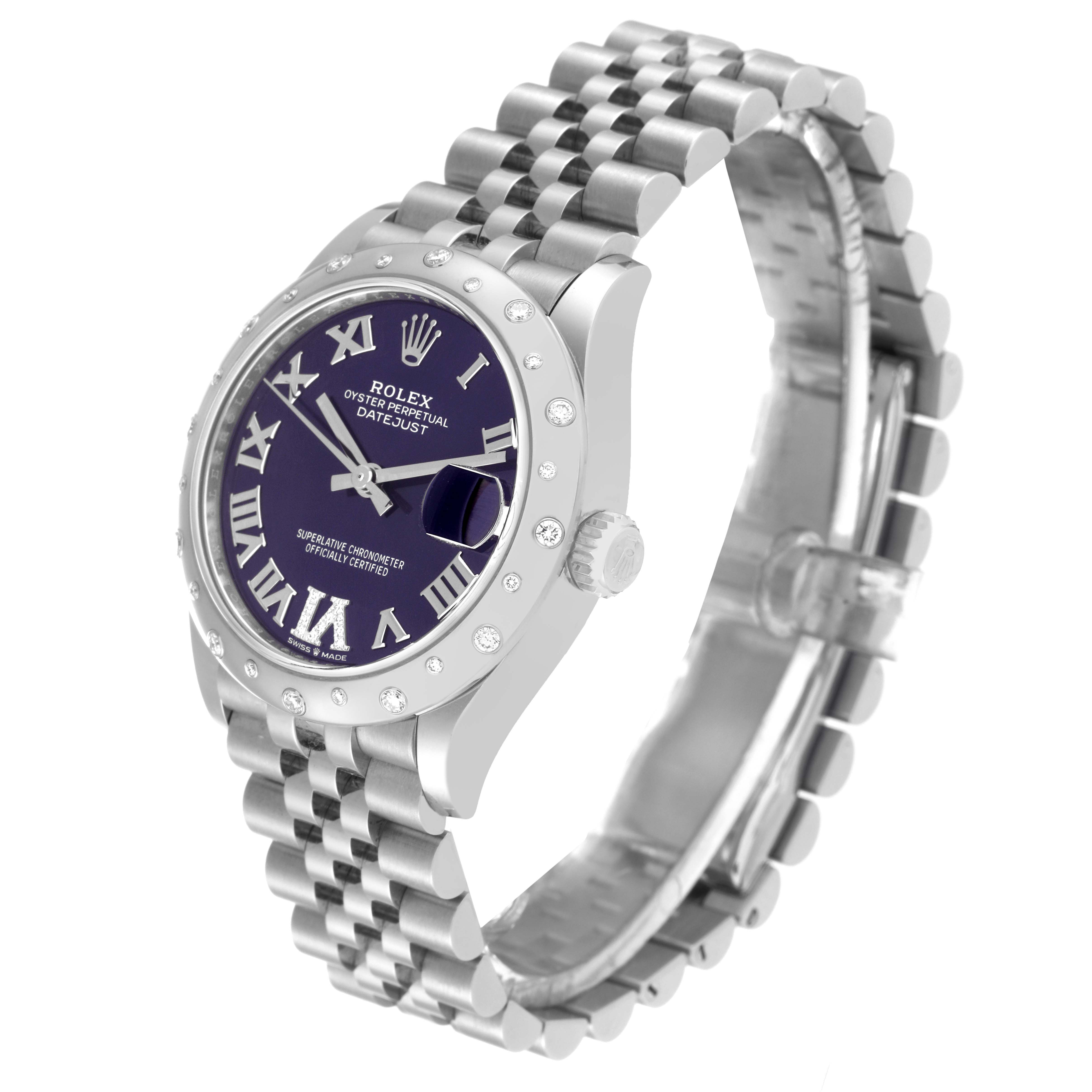 This image shows an angled view of a Rolex Mid-Size 278344 Women's Stainless Steel Purple Dial 278344 Women's Stainless Steel Purple Dial Oyster Perpetual Datejust watch, highlighting its bezel, face, and band.