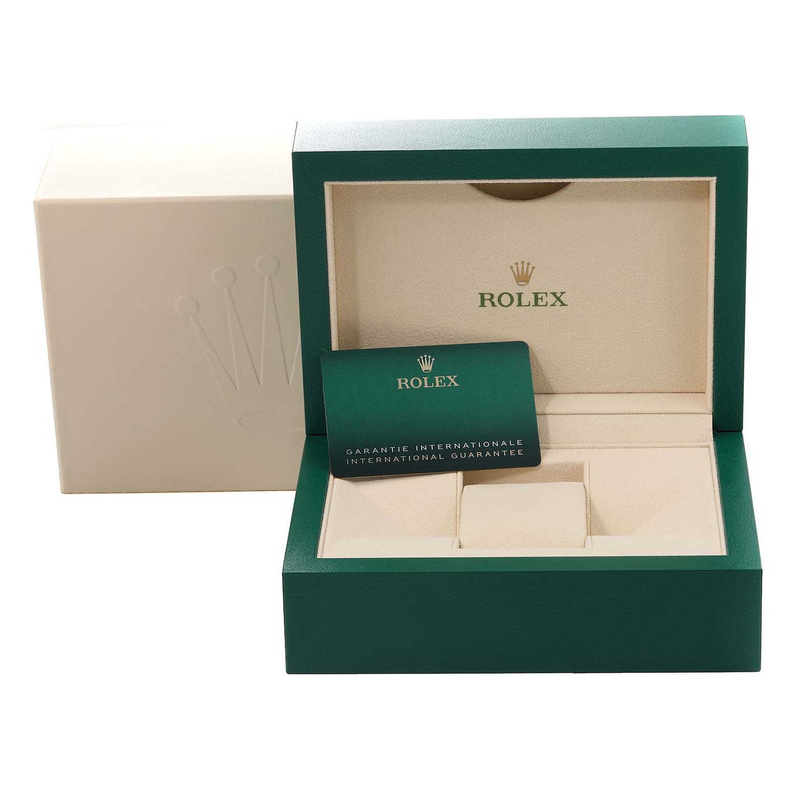 This image shows the presentation box and international guarantee card for a Mid-Size Rolex watch.