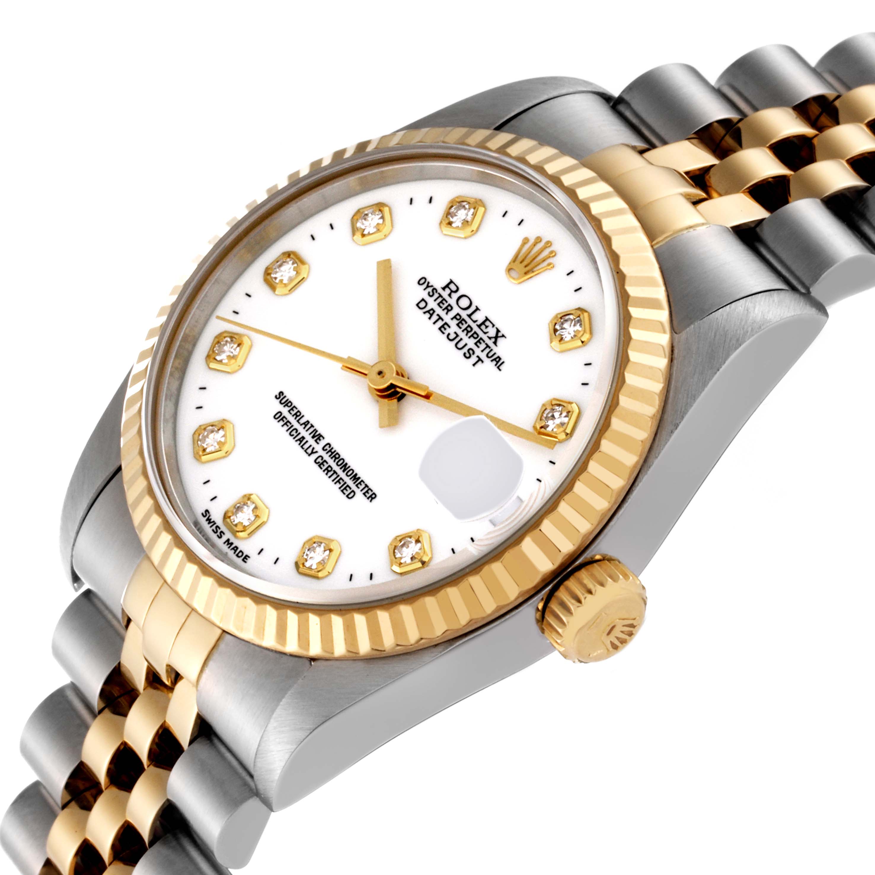 This image shows a Rolex Mid-Size 68273 Women
s Steel and Gold (two tone) White Dial 68273 Women
s Steel and Gold (two tone) White Dial Datejust watch at an angled side view, highlighting the face, crown, and two-tone bracelet.