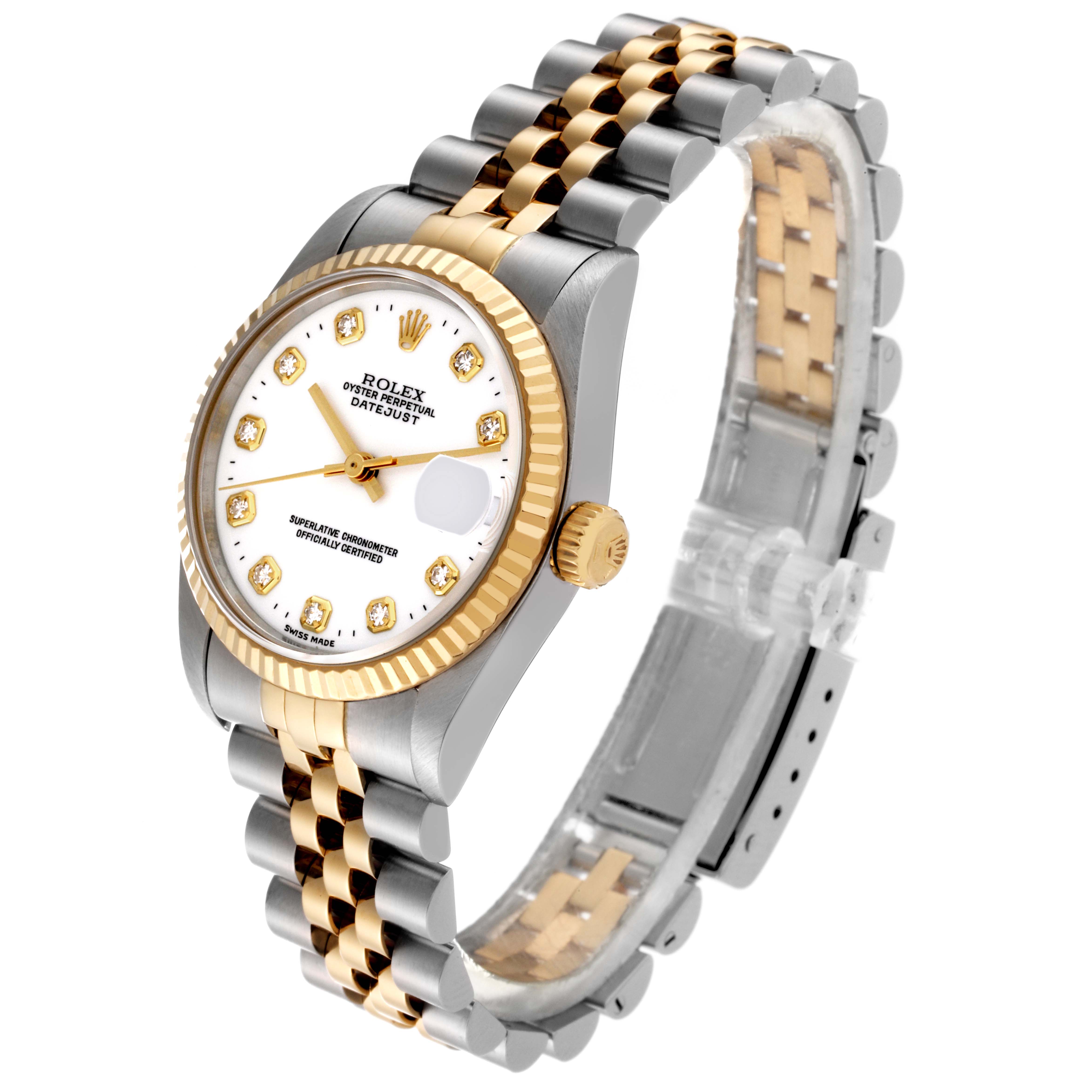 This image shows a Mid-Size Rolex Oyster Perpetual Datejust watch at a slight angle, highlighting the dial, bezel, and bracelet.