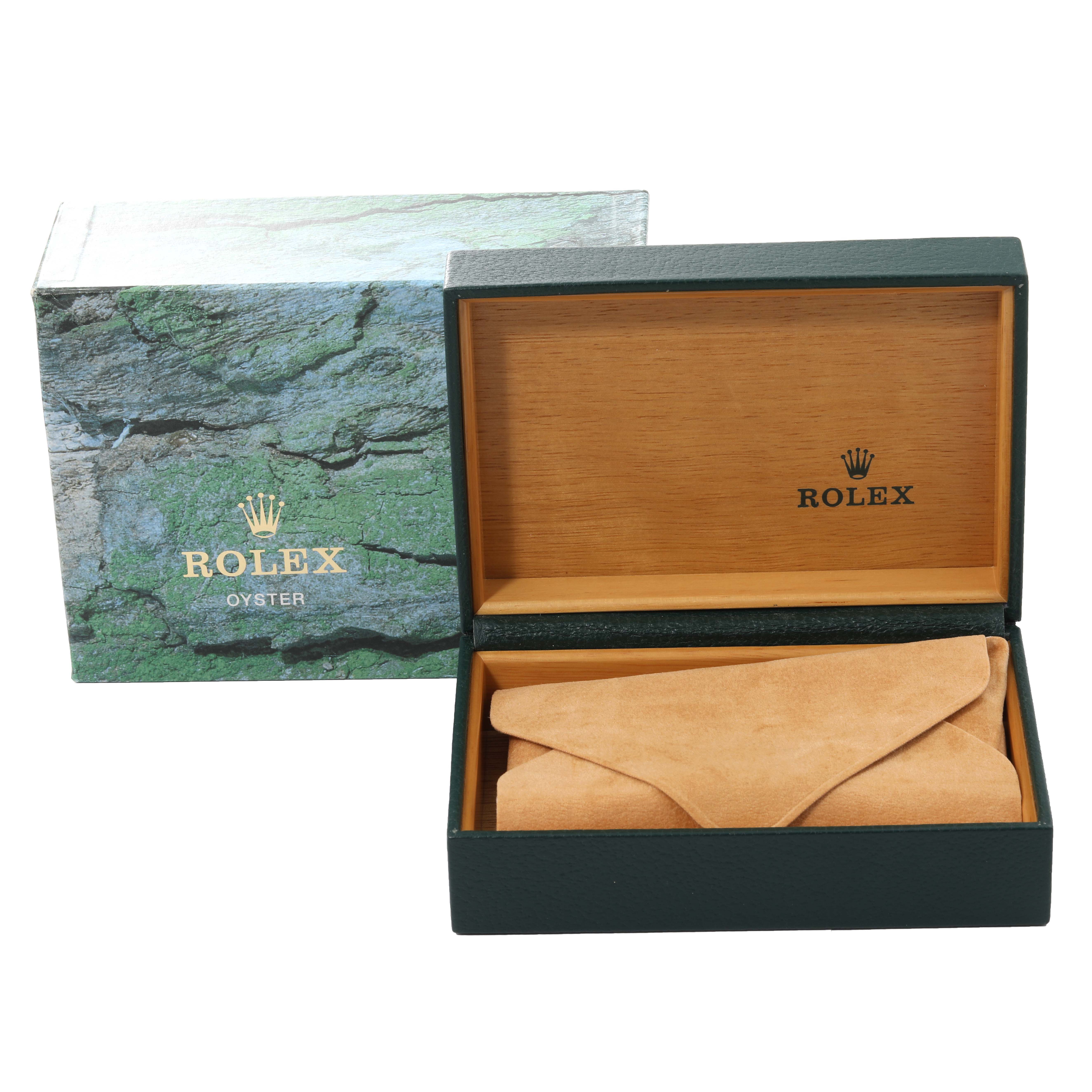 The image shows a Rolex watch box with an outer box, inner wooden box, and protective pouch for a Mid-Size model watch.