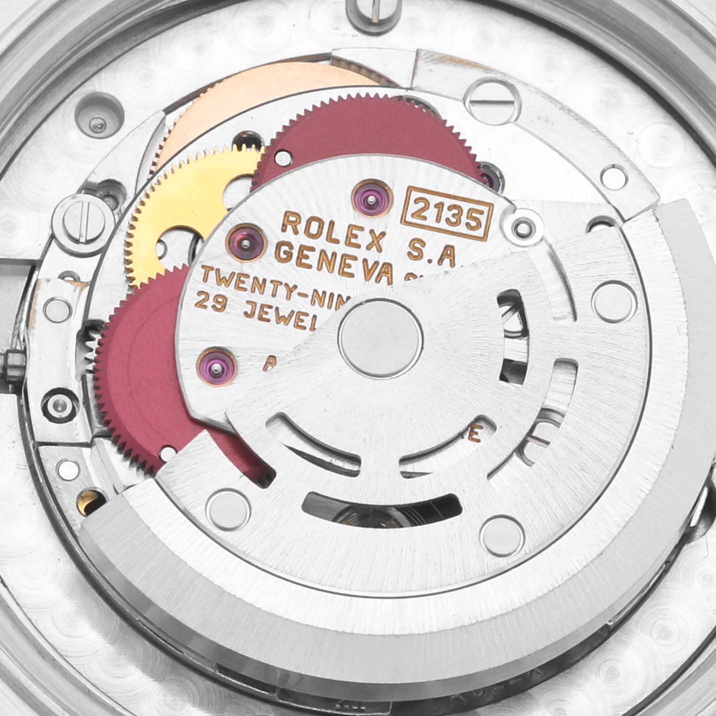 This image shows an intricate close-up view of the internal mechanism and gears of a Rolex Mid-Size 68273 Women
s Steel and Gold (two tone) White Dial 68273 Women
s Steel and Gold (two tone) White Dial model watch.