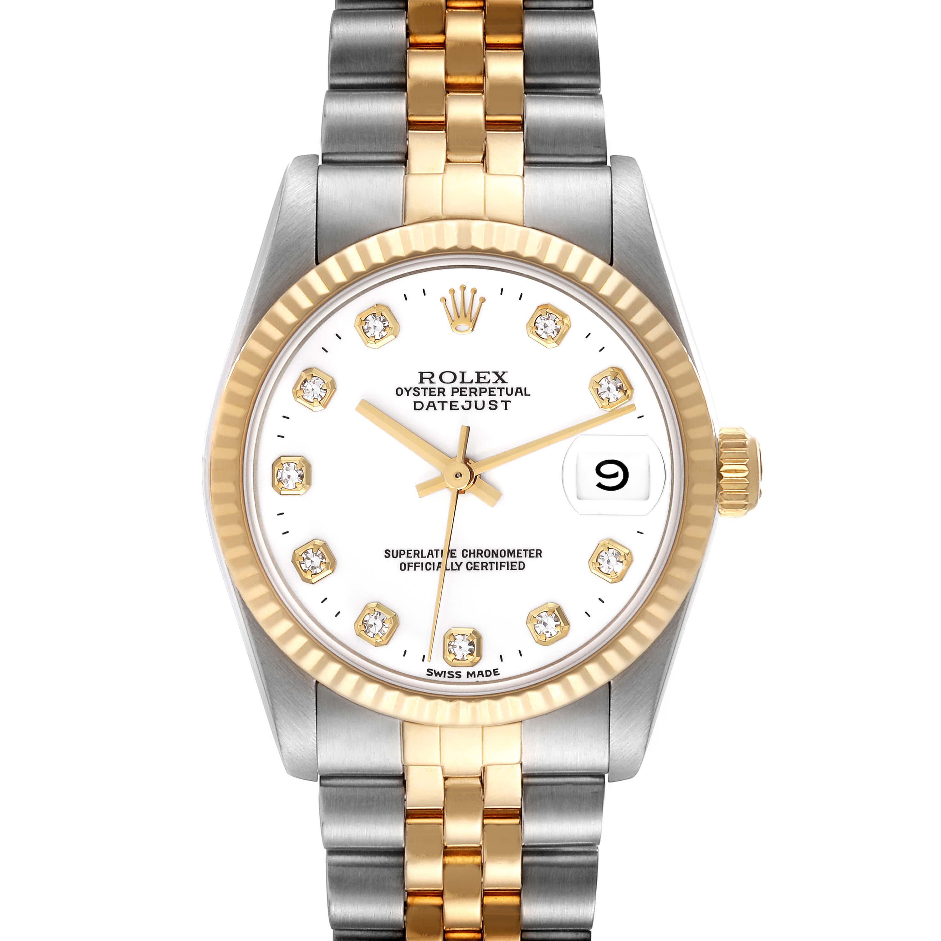 This image displays a front view of a Rolex Oyster Perpetual Datejust Mid-Size watch, highlighting its dial, bracelet, and date window.