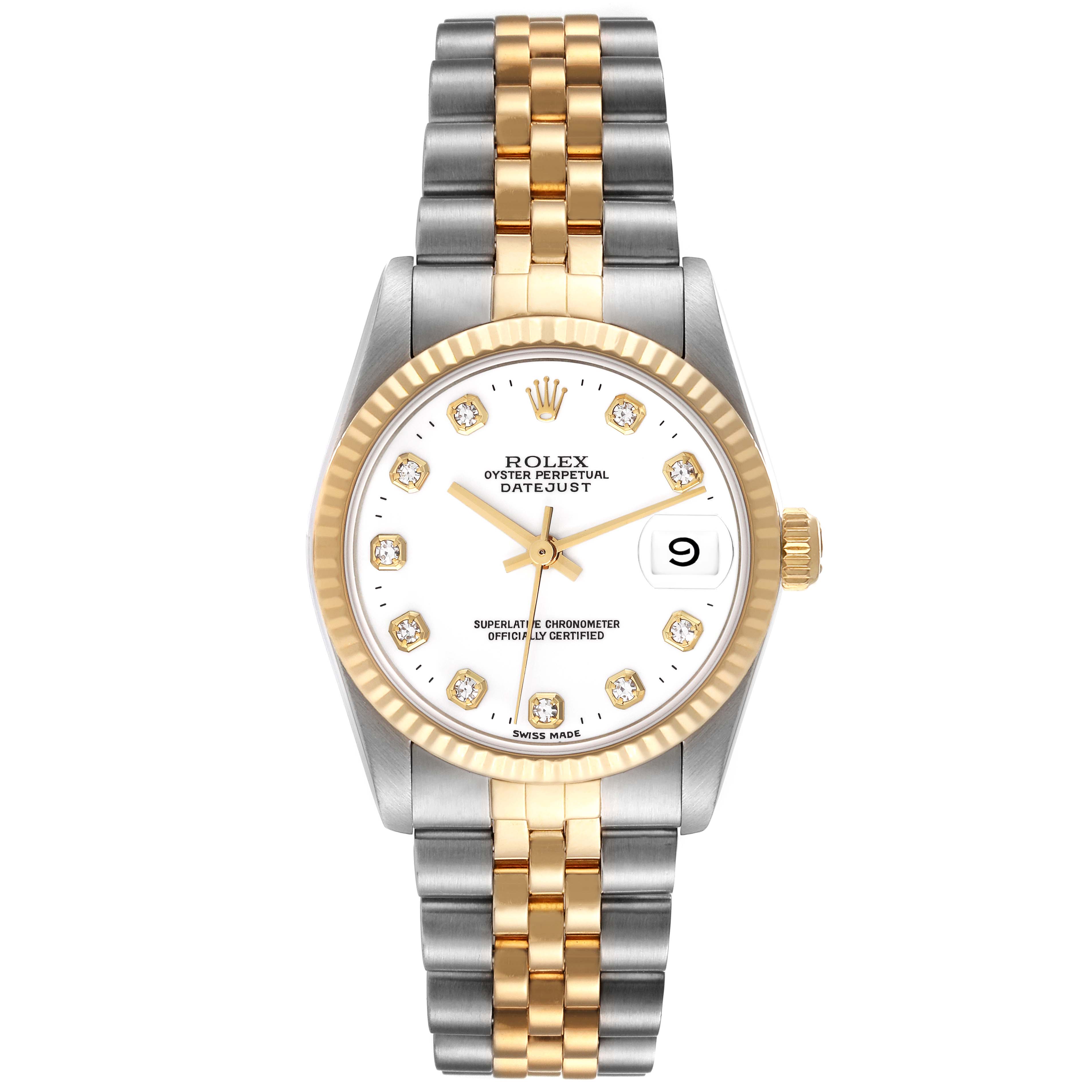 This Rolex Mid-Size 68273 Women
s Steel and Gold (two tone) White Dial 68273 Women
s Steel and Gold (two tone) White Dial Datejust watch
s face, bezel, crown, and bracelet are shown from a top-down angle.