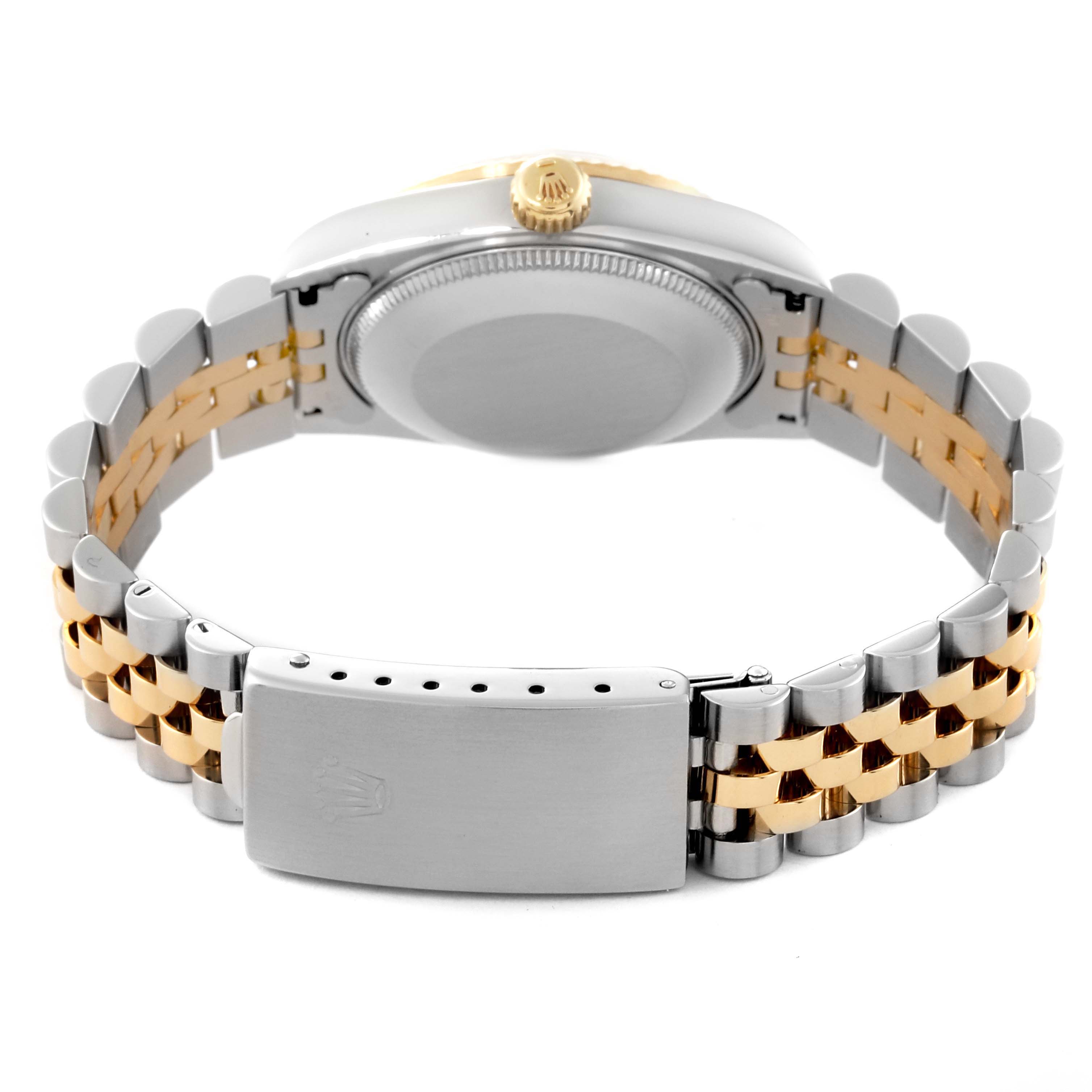 The image shows the back view of a Mid-Size Rolex watch with its case back, crown, and two-tone bracelet clasp visible.
