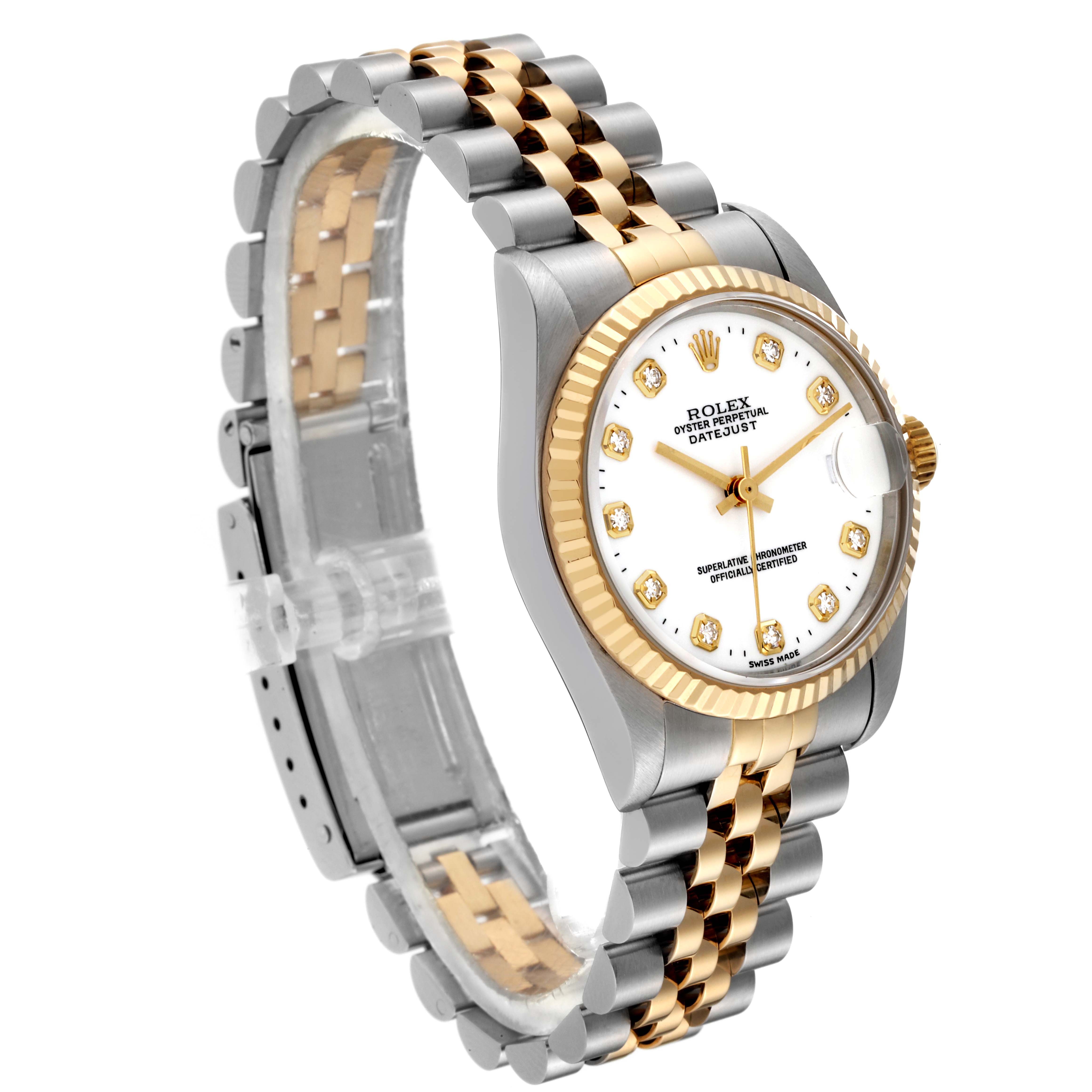 The image shows a Rolex Mid-Size 68273 Women
s Steel and Gold (two tone) White Dial 68273 Women
s Steel and Gold (two tone) White Dial Datejust watch at a slight angle, highlighting the dial, bezel, and two-tone bracelet.