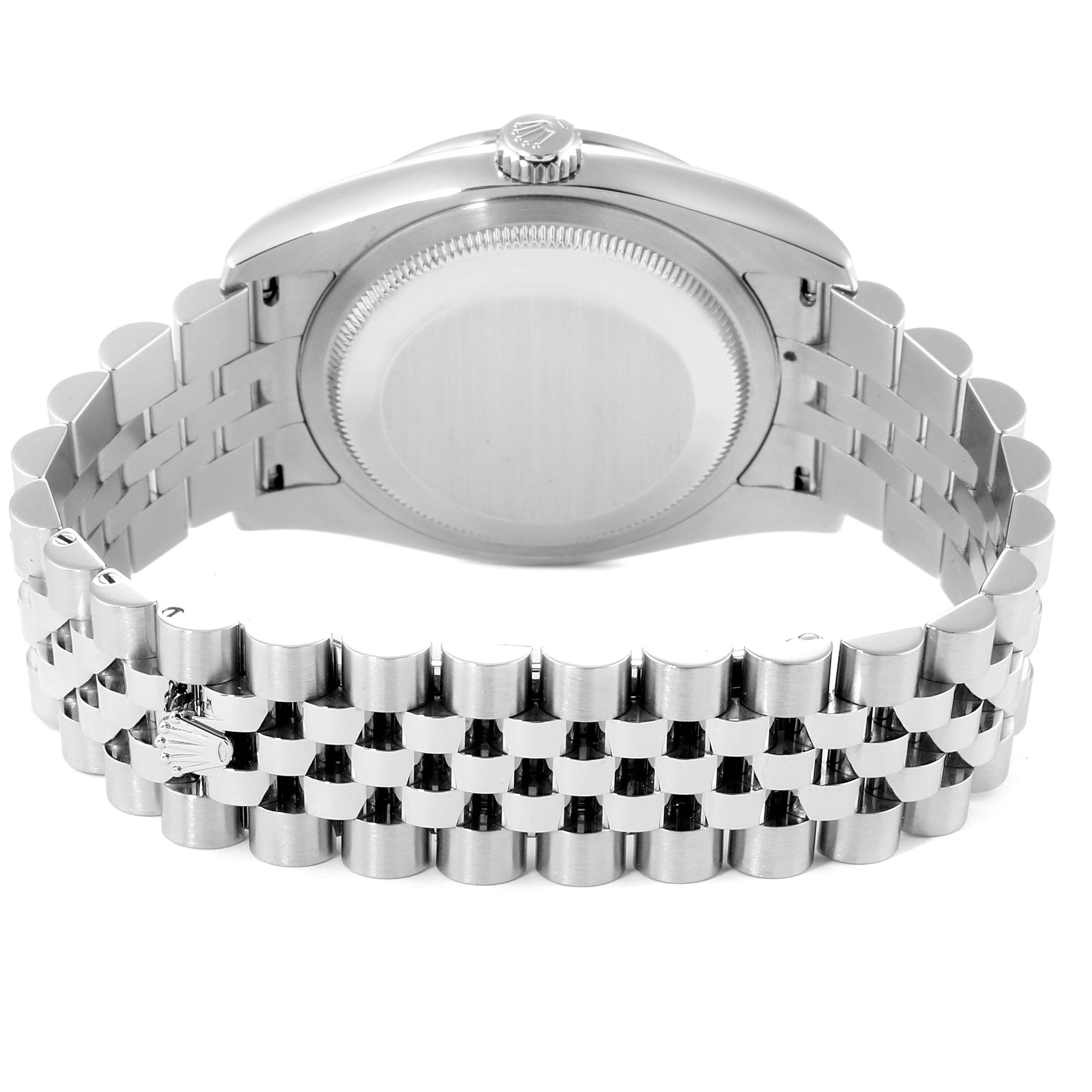 The image shows a rear view of a Rolex Datejust 116244 Men
s Stainless Steel Mother of Pearl Dial 116244 Men
s Stainless Steel Mother of Pearl Dial watch, displaying the case back and the jubilee bracelet.