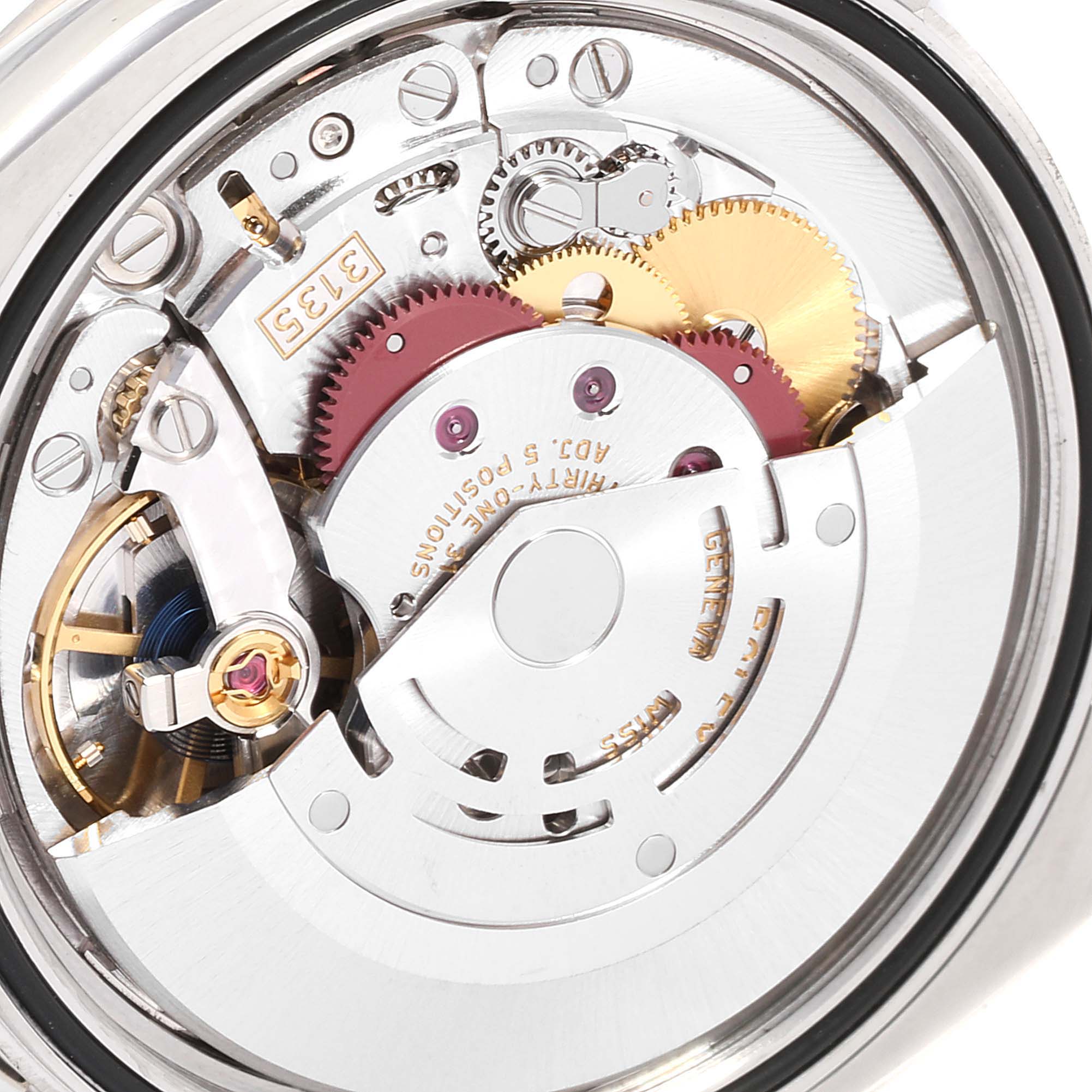 The image shows a close-up of the movement of a Rolex Datejust 116244 Men
s Stainless Steel Mother of Pearl Dial 116244 Men
s Stainless Steel Mother of Pearl Dial watch, highlighting gears, jewels, and the rotor.