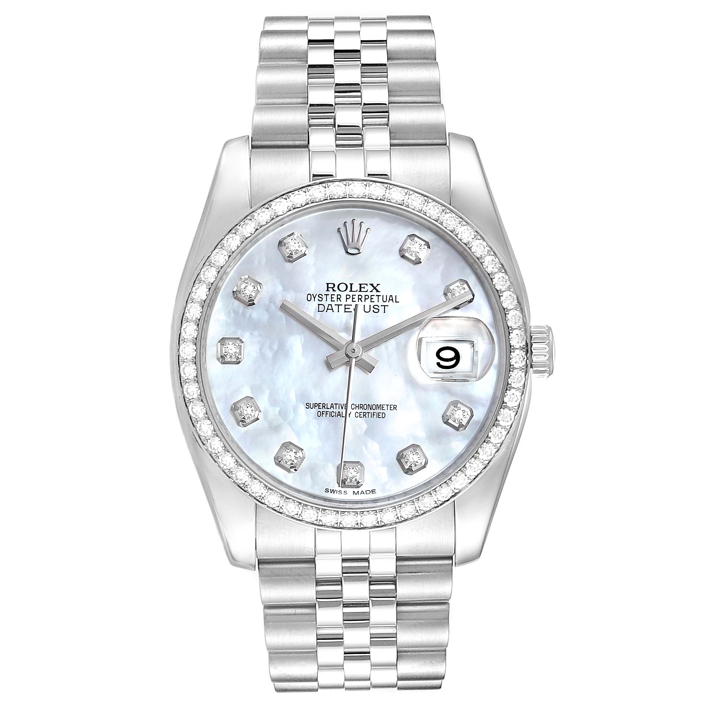 This image shows a front view of a Rolex Datejust 116244 Men
s Stainless Steel Mother of Pearl Dial 116244 Men
s Stainless Steel Mother of Pearl Dial watch featuring a white dial and bracelet.